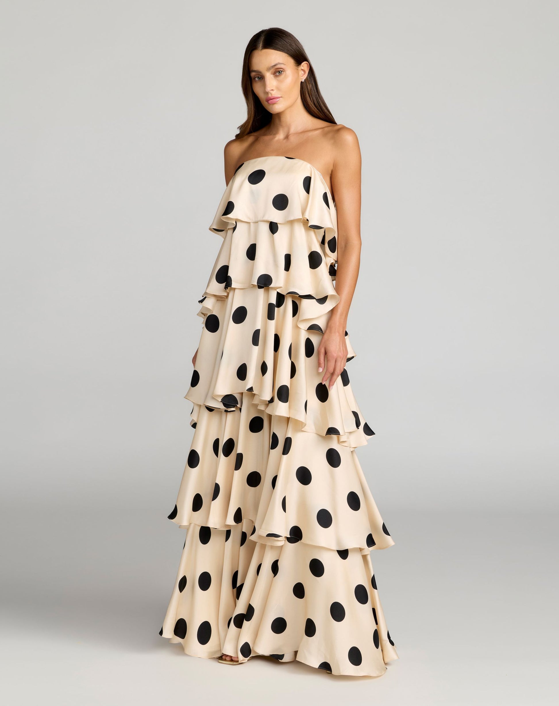 Beige Strapless Polka Dot Charmeuse Ruffle Gown - Ieena for Mac Duggal