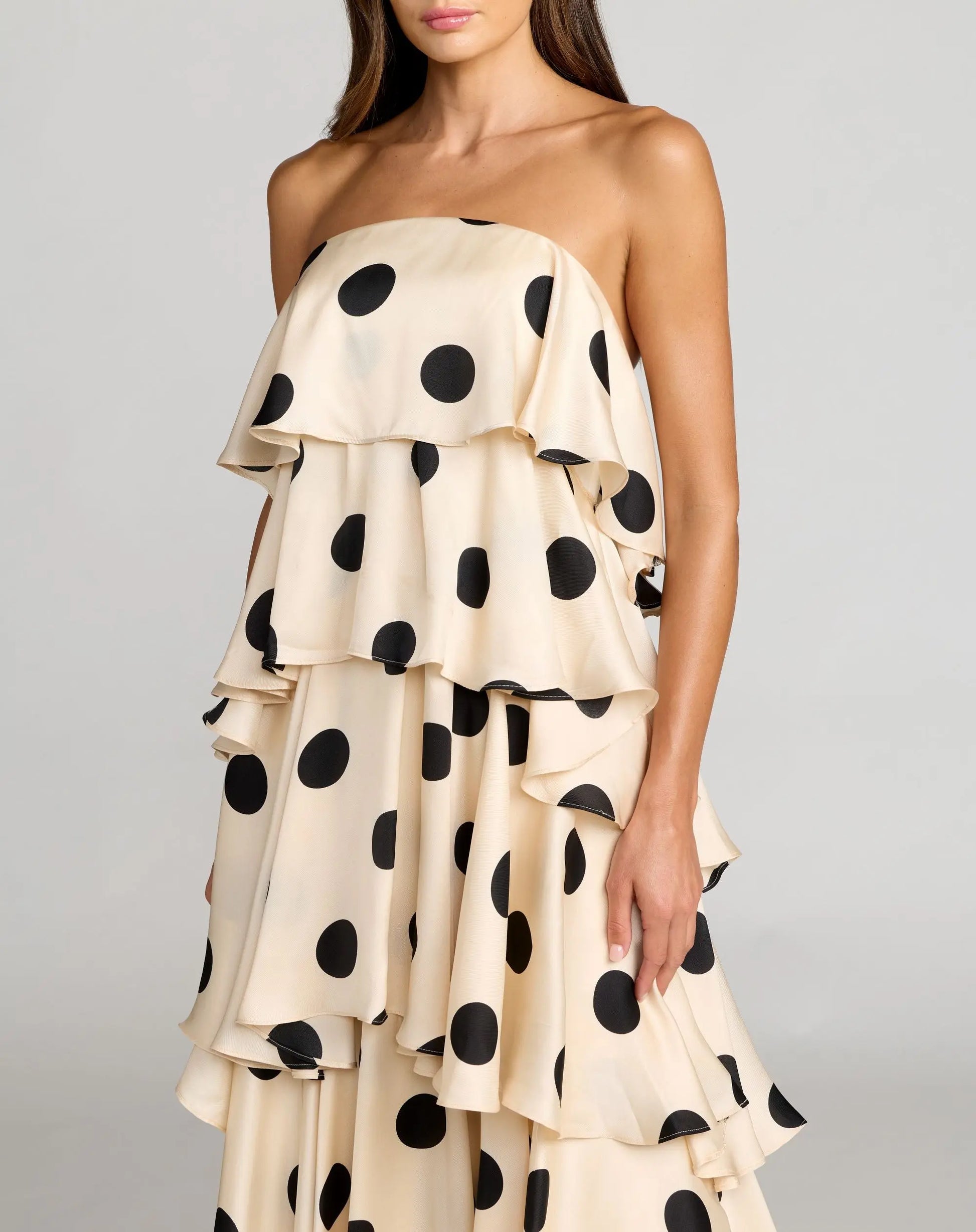 Beige Strapless Polka Dot Charmeuse Ruffle Gown | Mac Duggal Beige Strapless Polka Dot Charmeuse Ruffle Gown | Mac Duggal