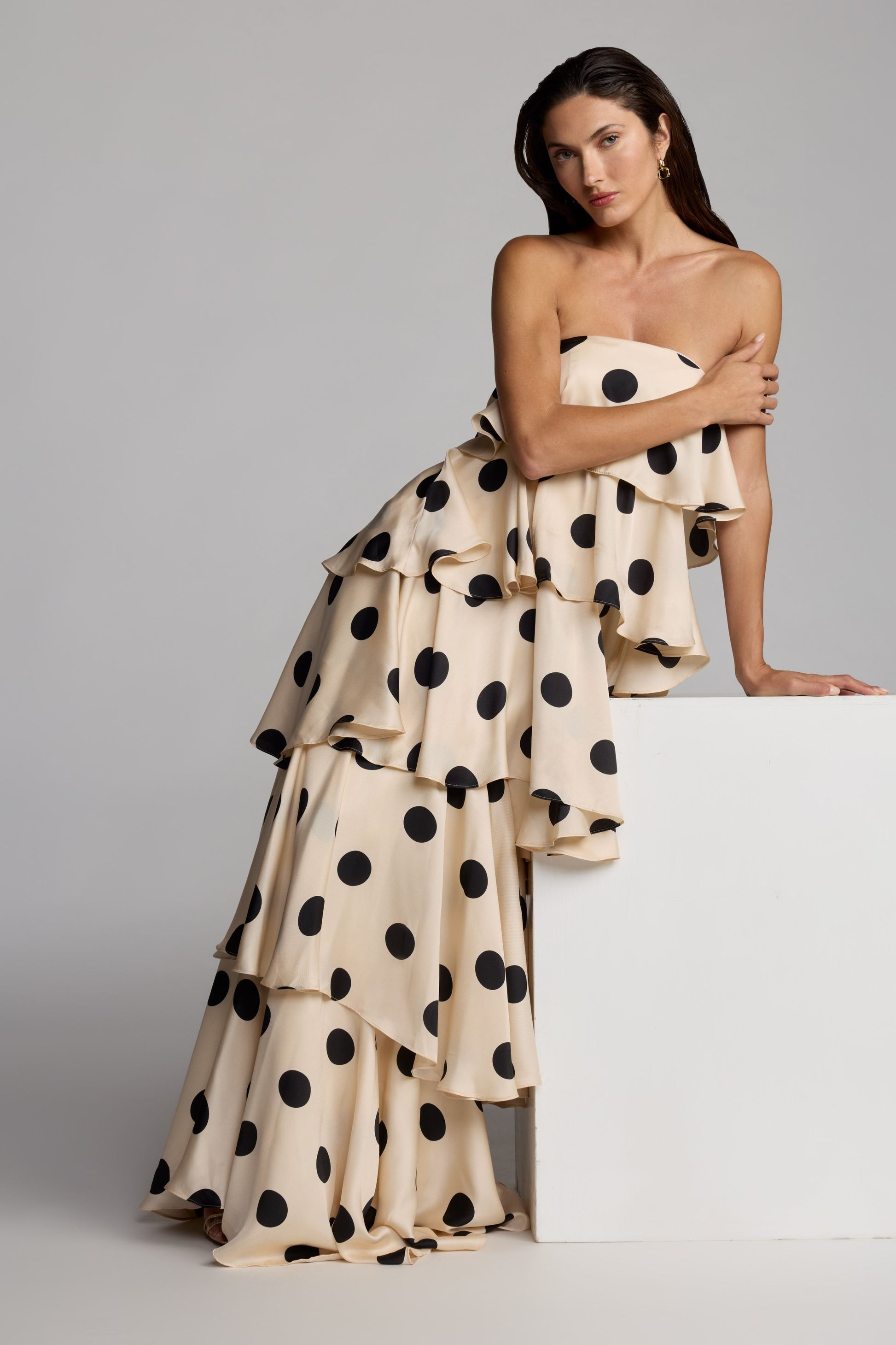 Beige Strapless Polka Dot Charmeuse Ruffle Gown - Ieena for Mac Duggal