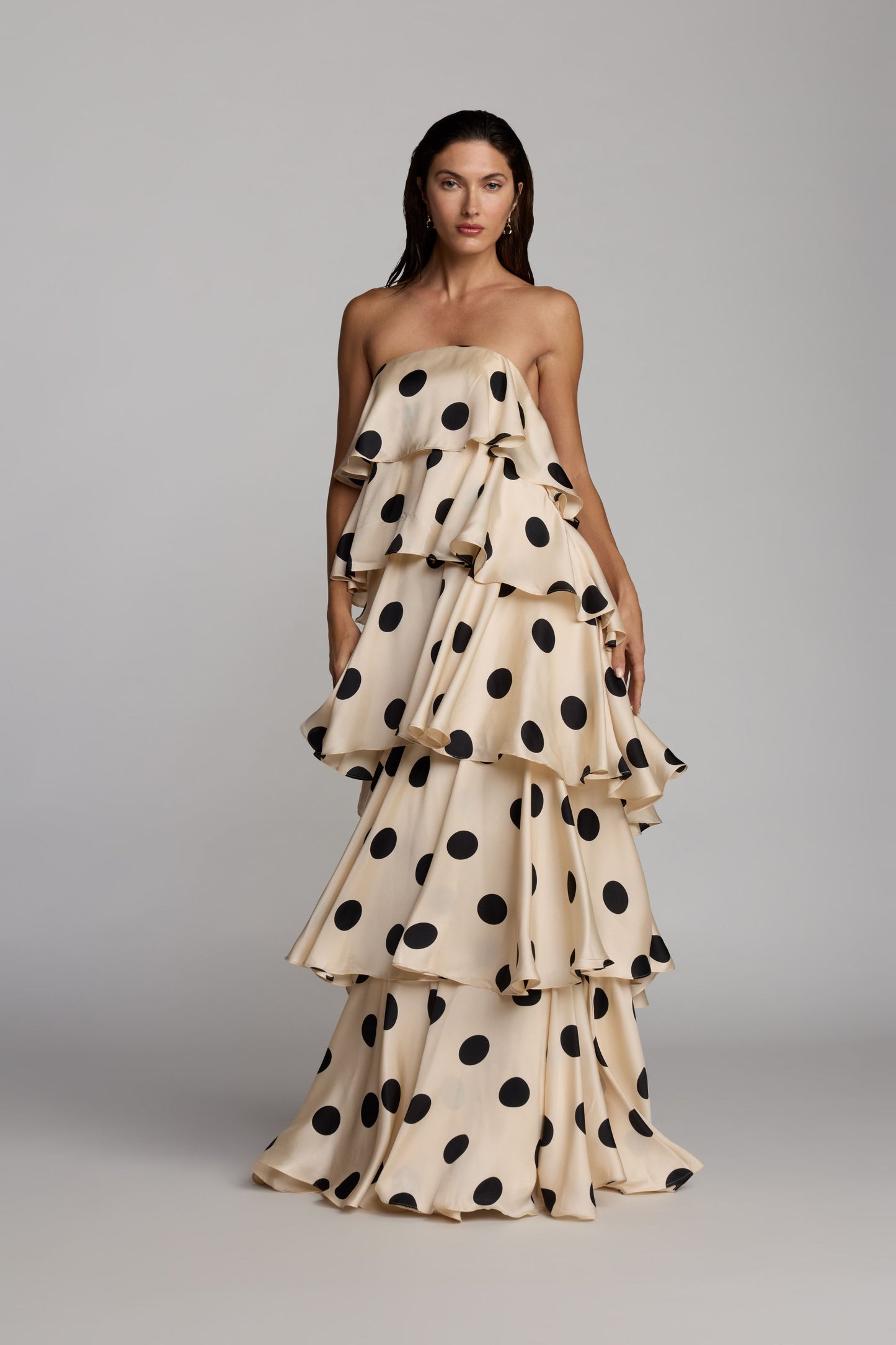 Beige Strapless Polka Dot Charmeuse Ruffle Gown - Ieena for Mac Duggal
