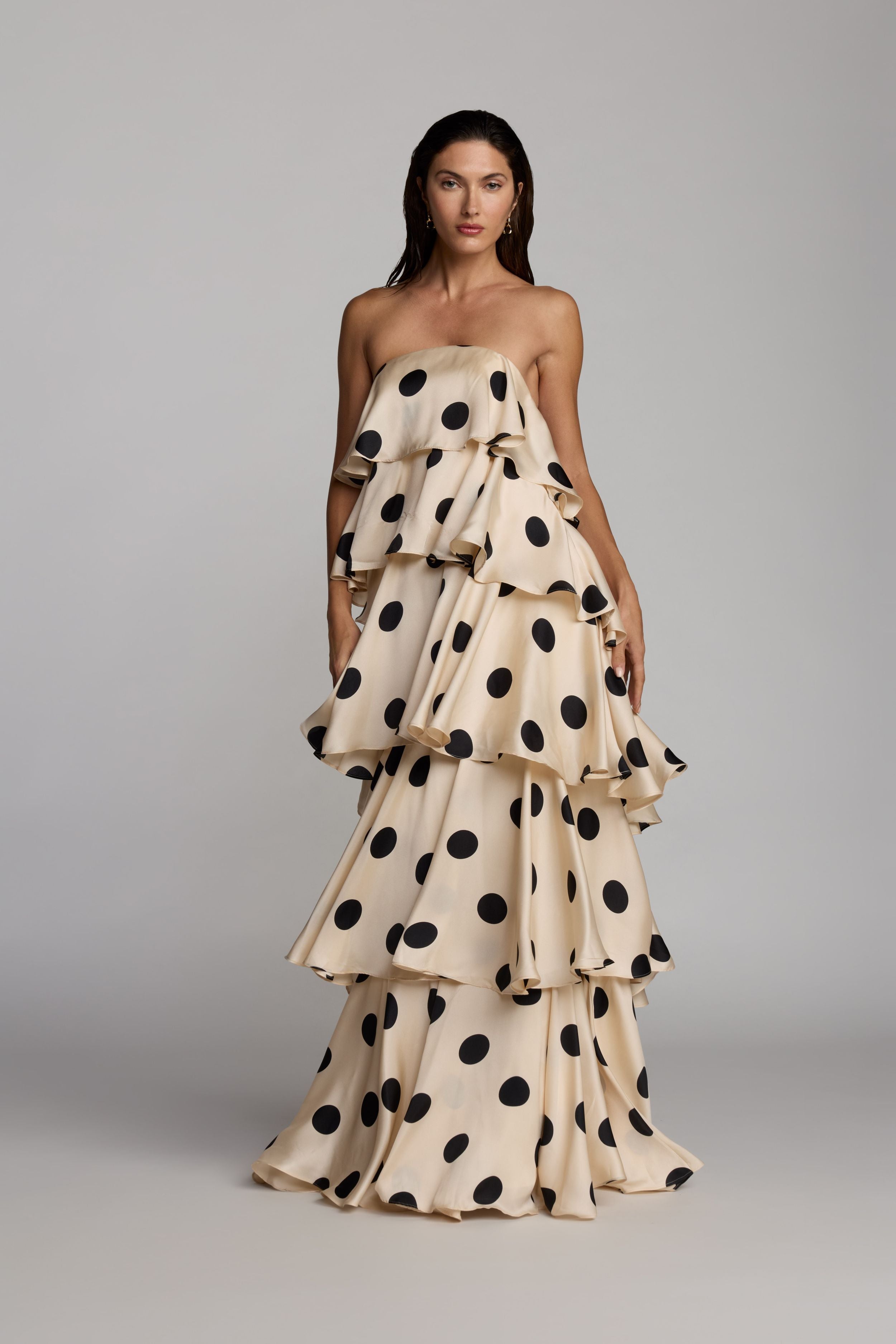 Beige Strapless Polka Dot Charmeuse Ruffle Gown - Ieena for Mac Duggal