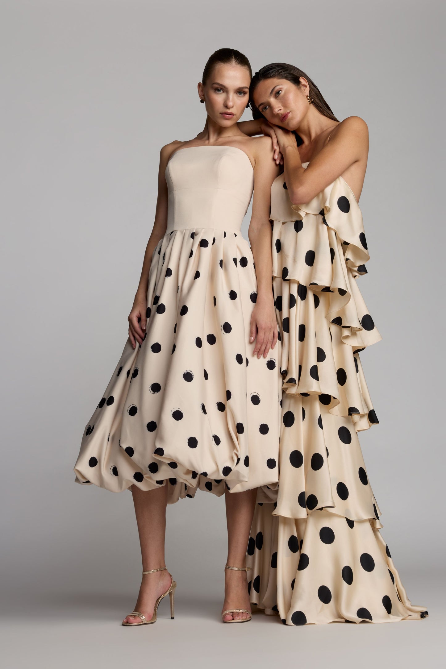 Beige Strapless Polka Dot Charmeuse Ruffle Gown - Ieena for Mac Duggal