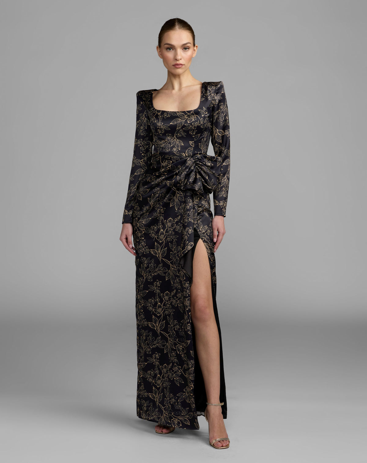Black Floral Printed Long Sleeve Gown With Bow - Ieena for Mac Duggal