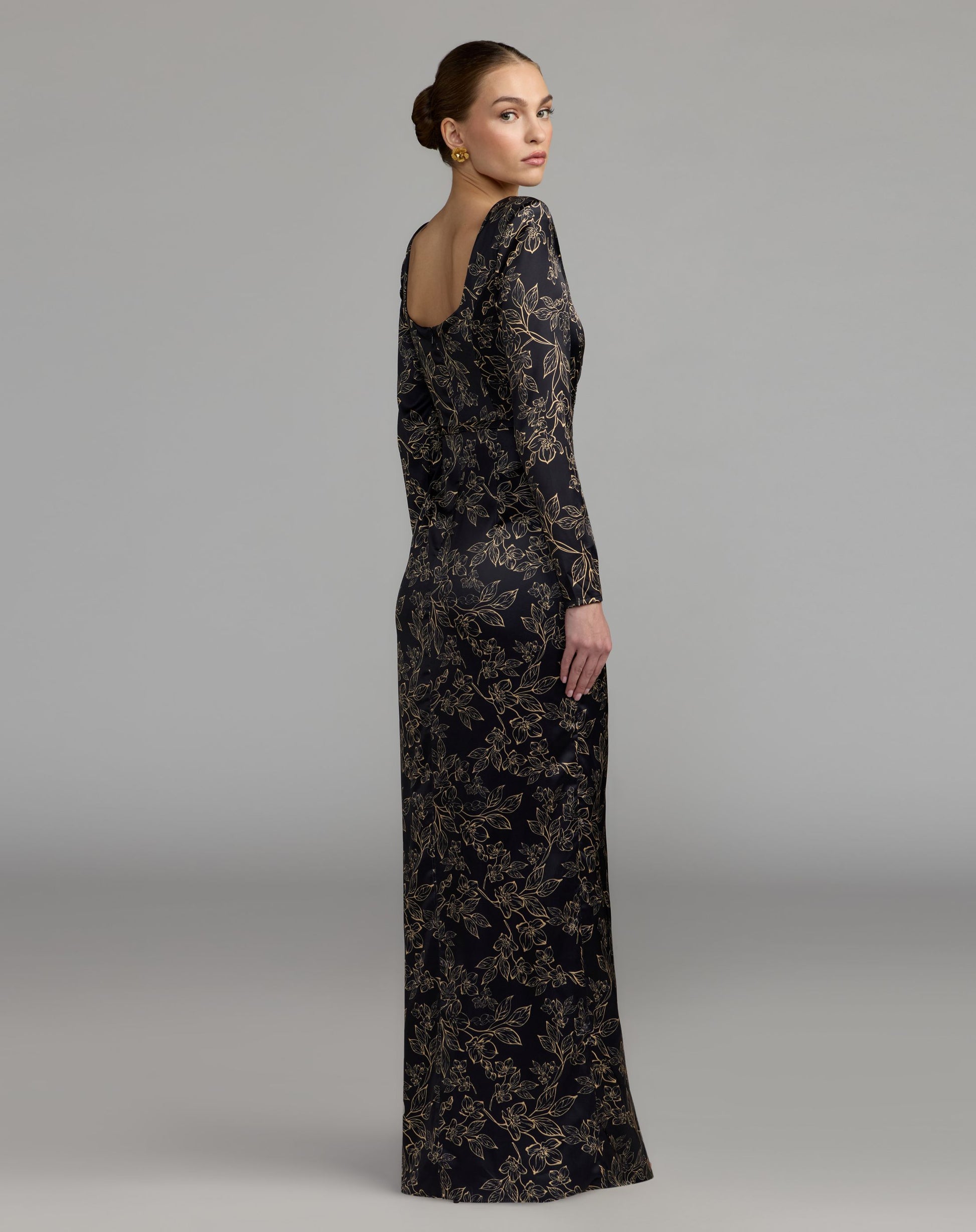 Black Floral Printed Long Sleeve Gown With Bow - Ieena for Mac Duggal