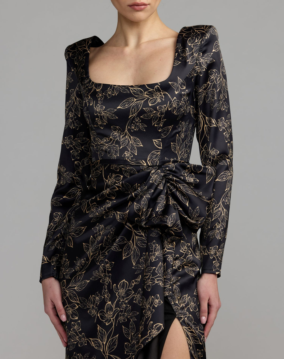 Black Floral Printed Long Sleeve Gown With Bow - Ieena for Mac Duggal