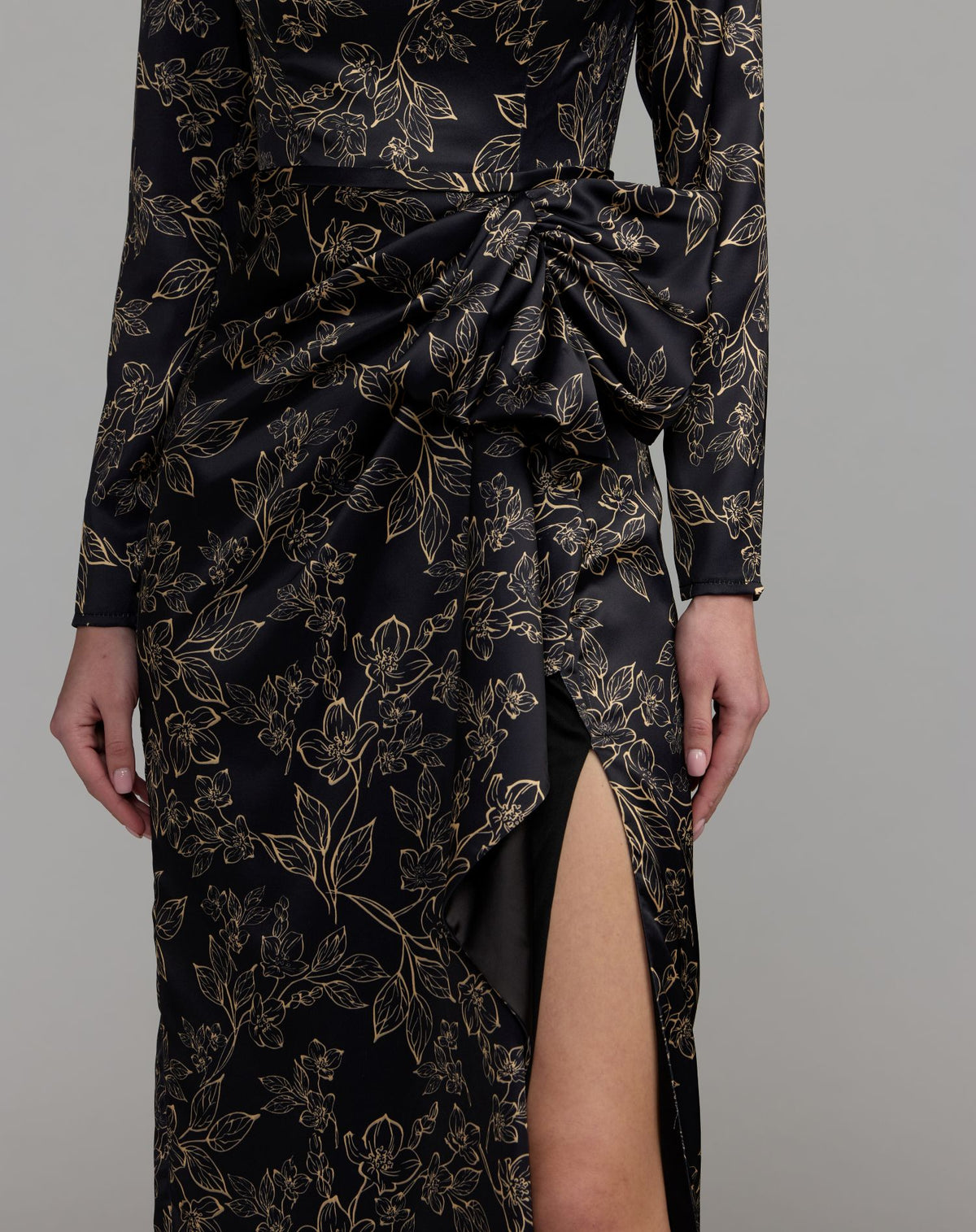 Black Floral Printed Long Sleeve Gown With Bow - Ieena for Mac Duggal