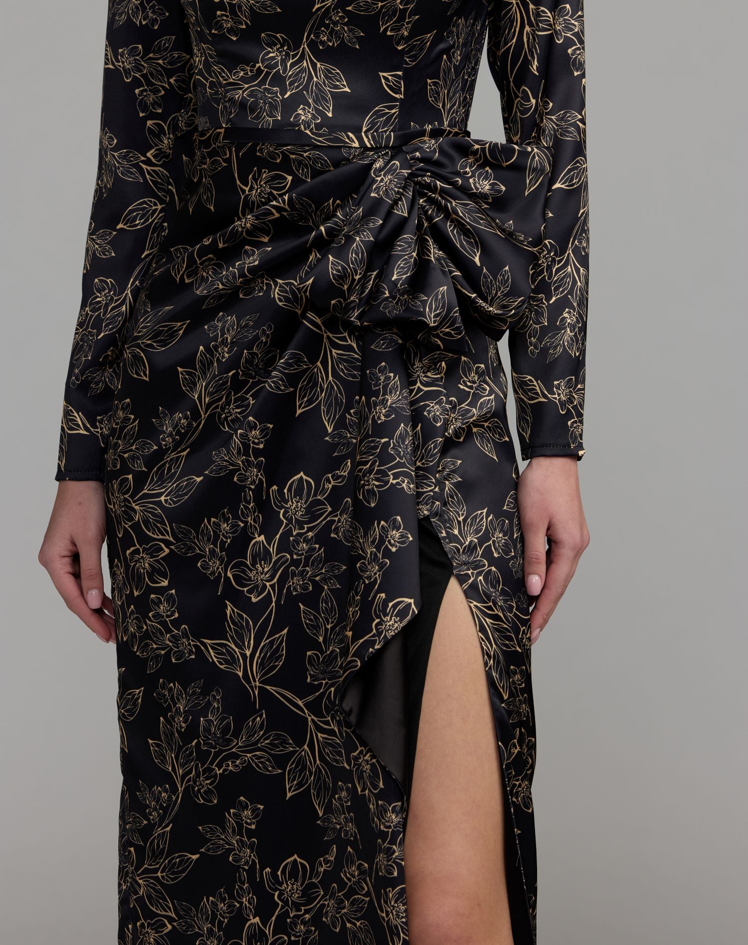 Black Floral Printed Long Sleeve Gown With Bow - Ieena for Mac Duggal