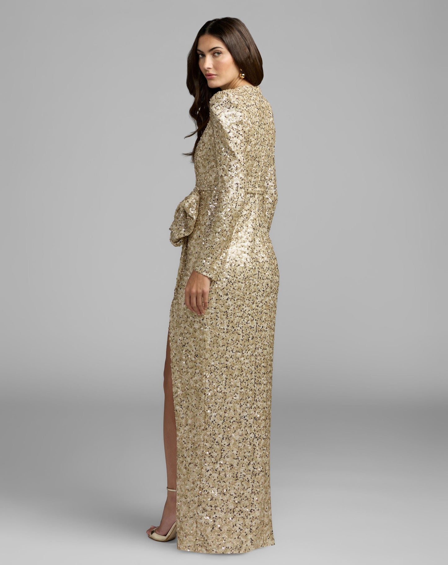 Gold Long Sleeve Sequin Gown With Bow Ieena for Mac Duggal