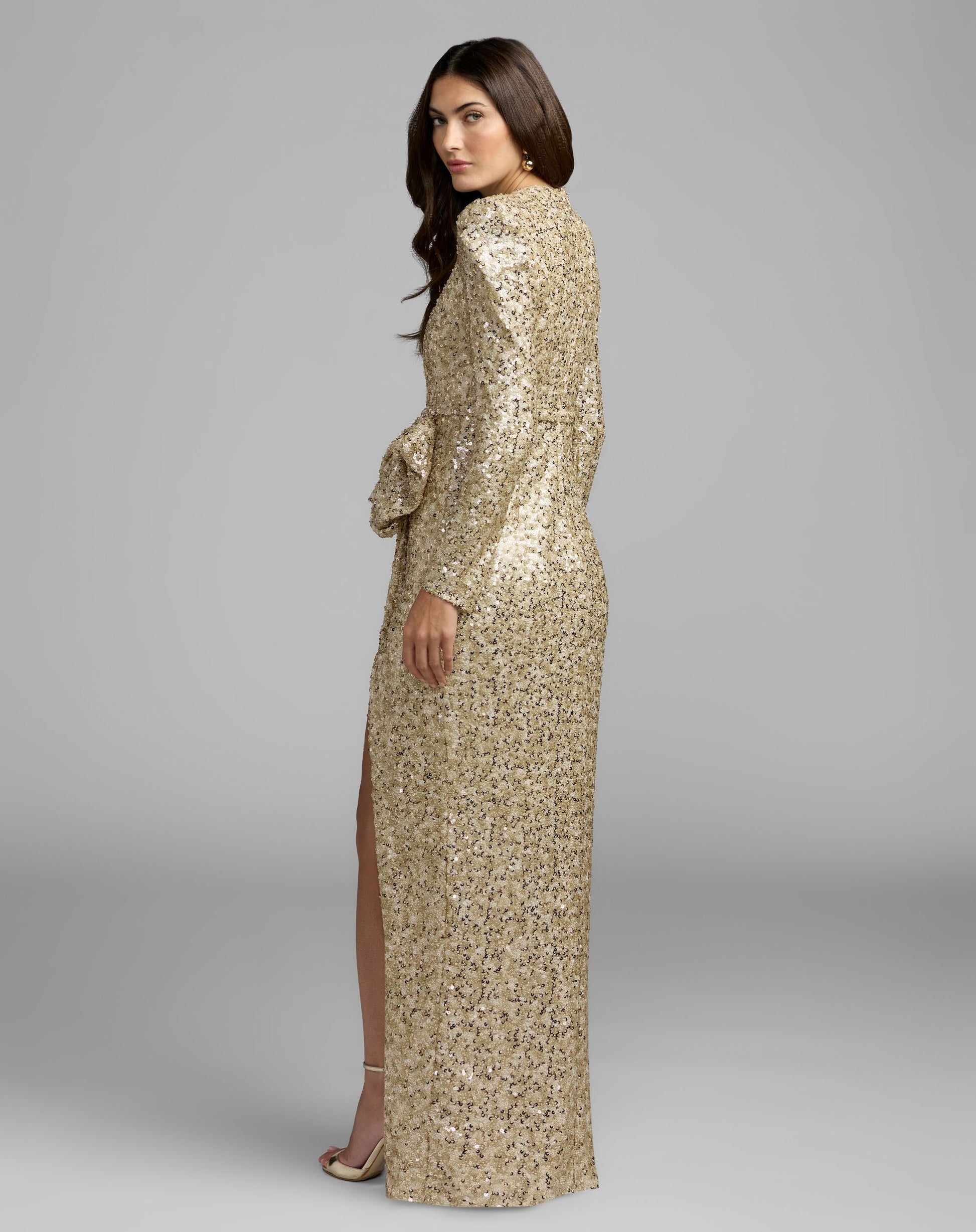 Gold Long Sleeve Sequin Gown With Bow Ieena for Mac Duggal