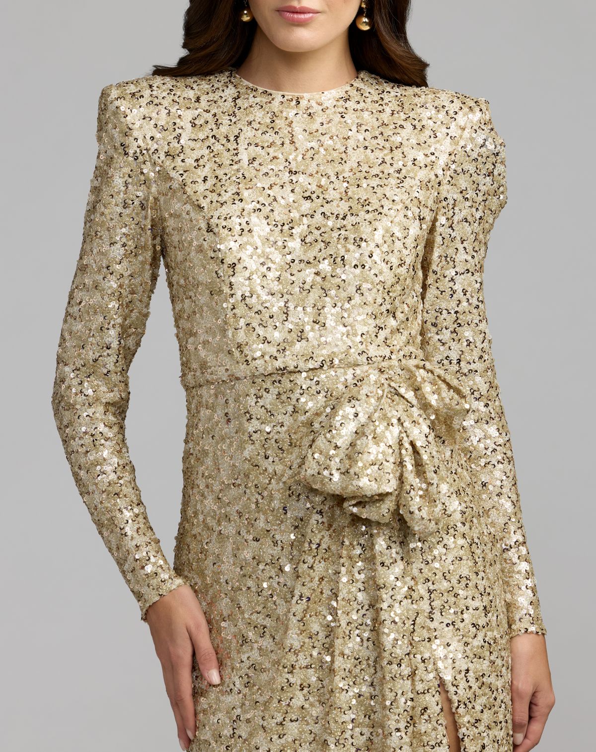 Gold Long Sleeve Sequin Gown With Bow Ieena for Mac Duggal