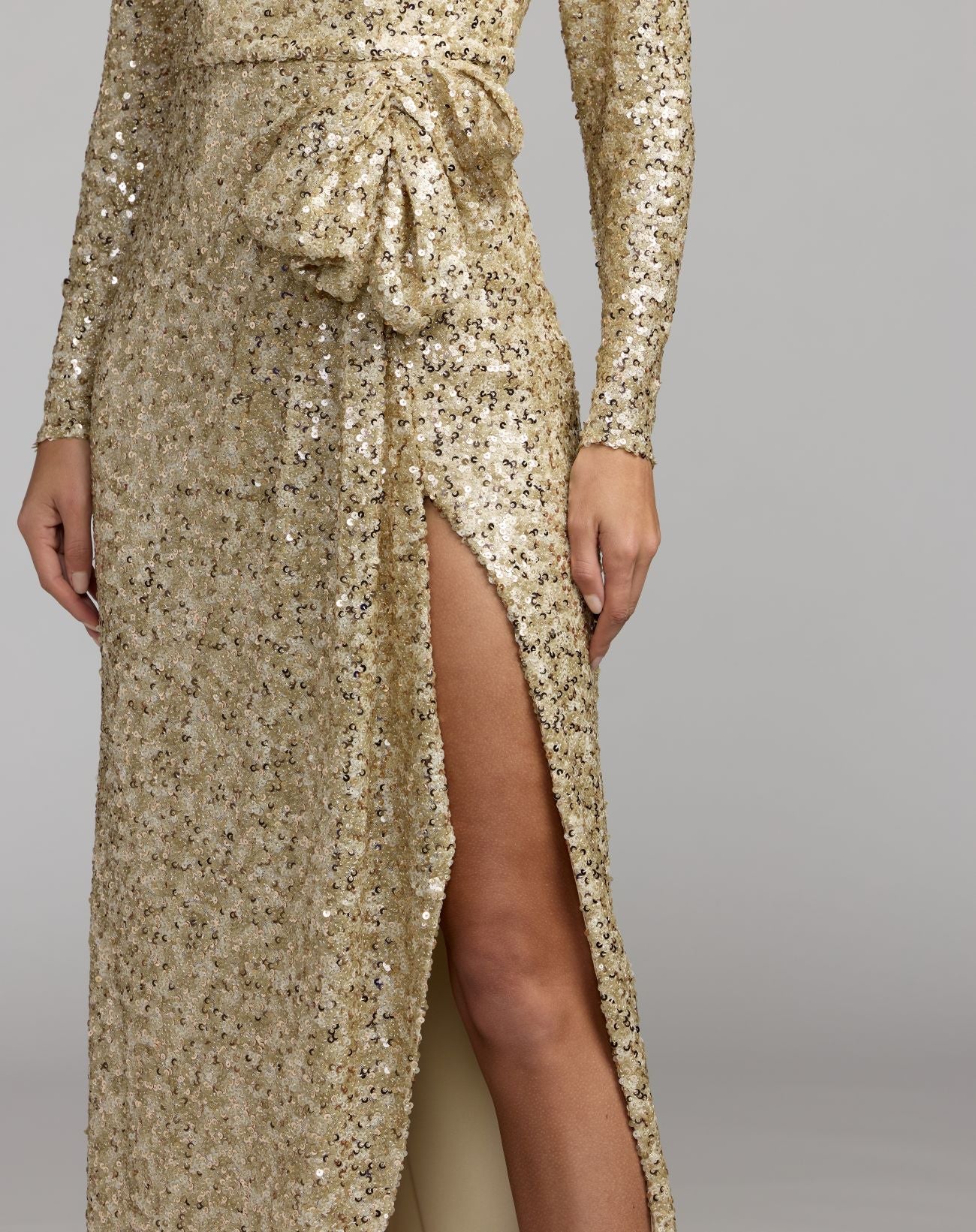 Gold Long Sleeve Sequin Gown With Bow Ieena for Mac Duggal