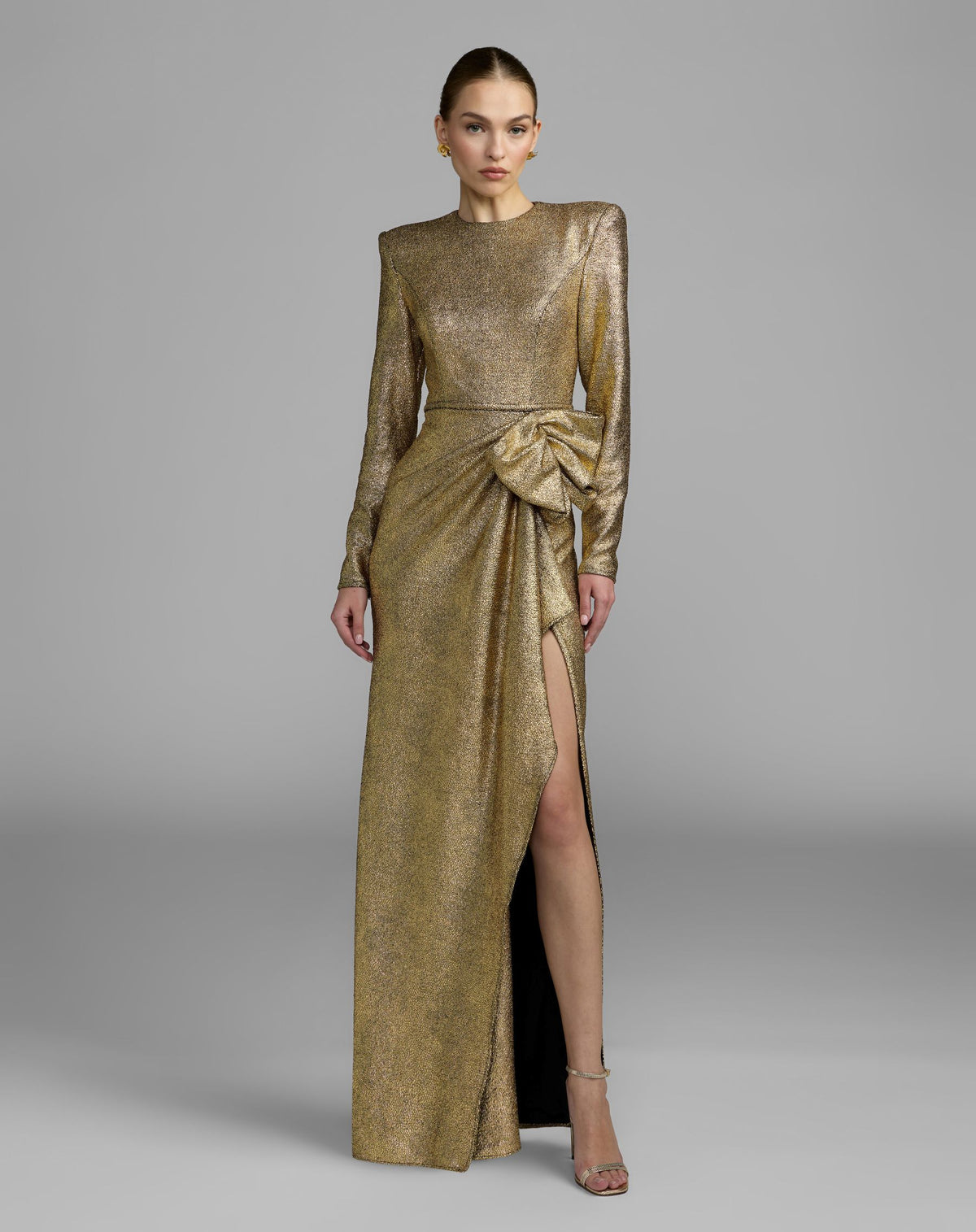 Gold Metallic Long Sleeve Structured Bow Draped Gown Ieena for Mac Duggal