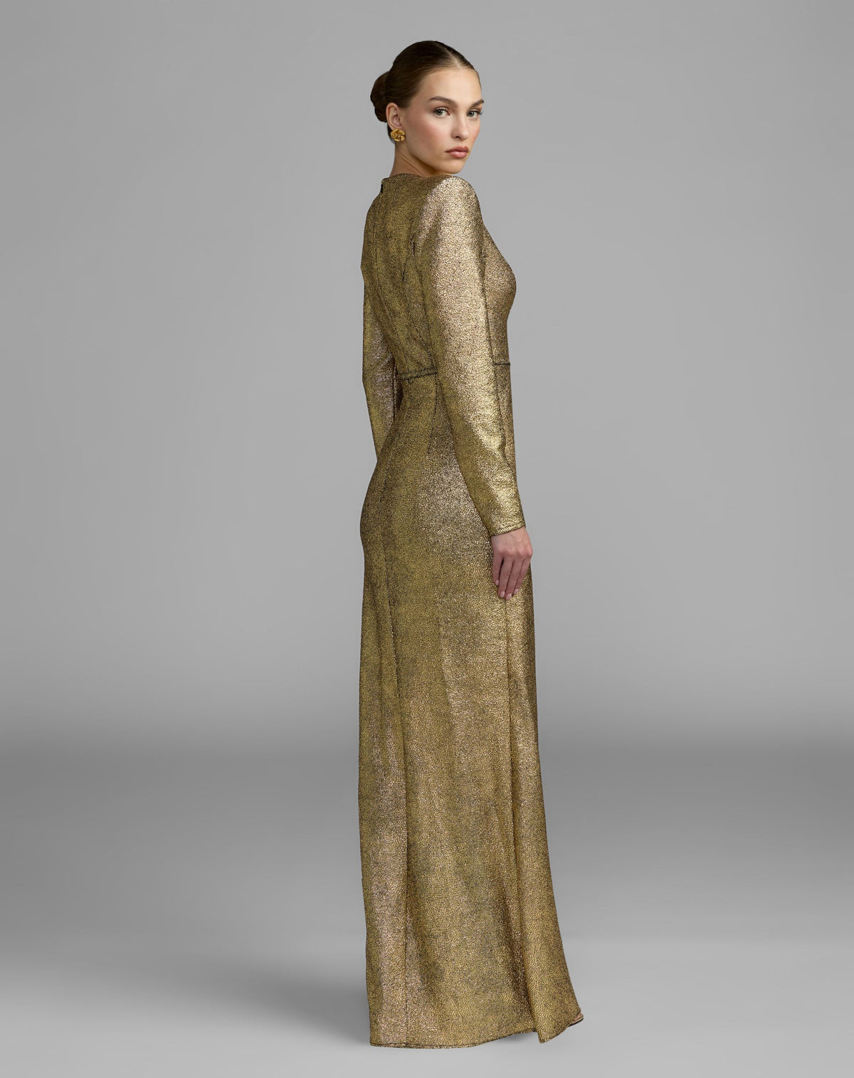 Gold Metallic Long Sleeve Structured Bow Draped Gown Ieena for Mac Duggal