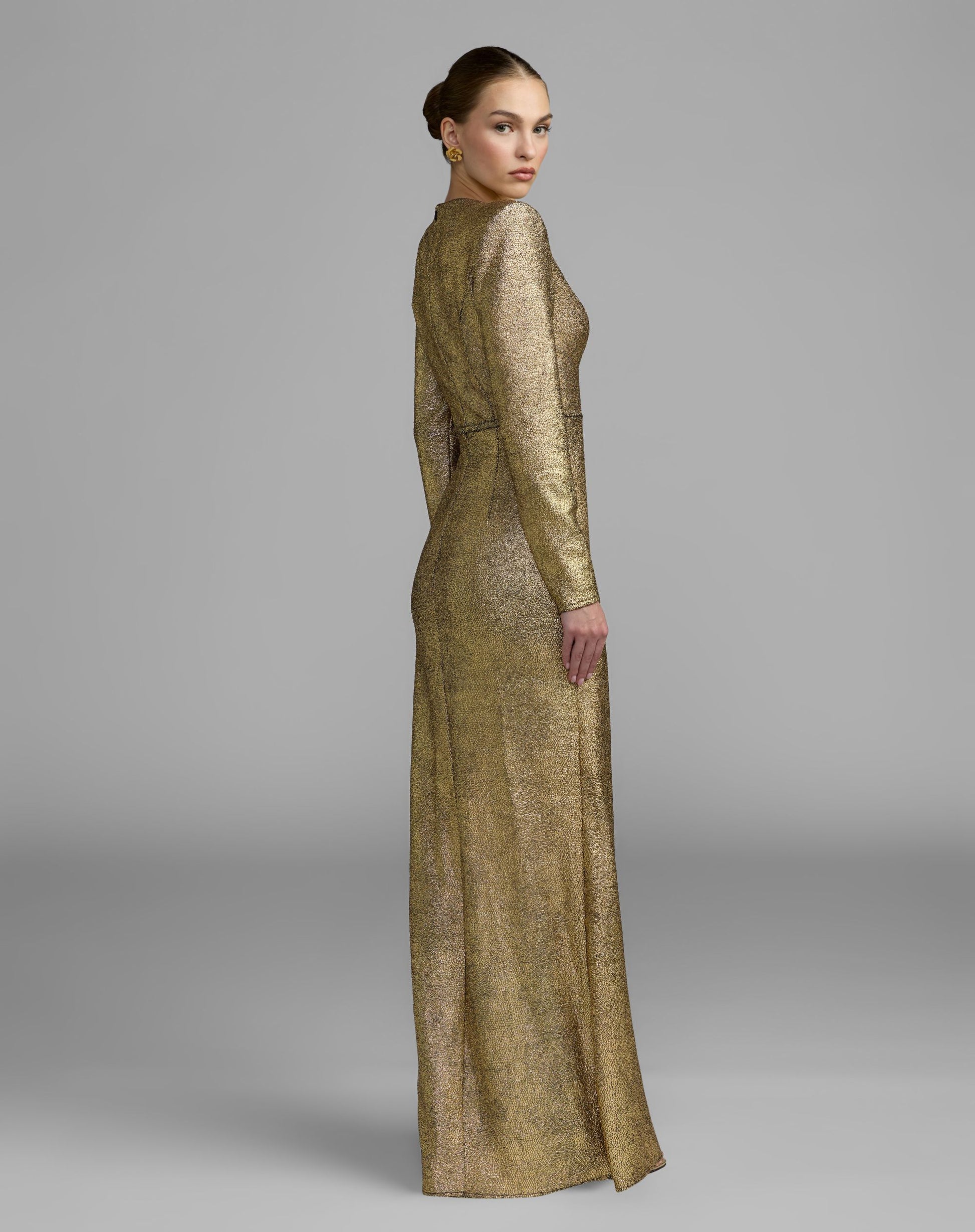 Gold Metallic Long Sleeve Structured Bow Draped Gown Ieena for Mac Duggal