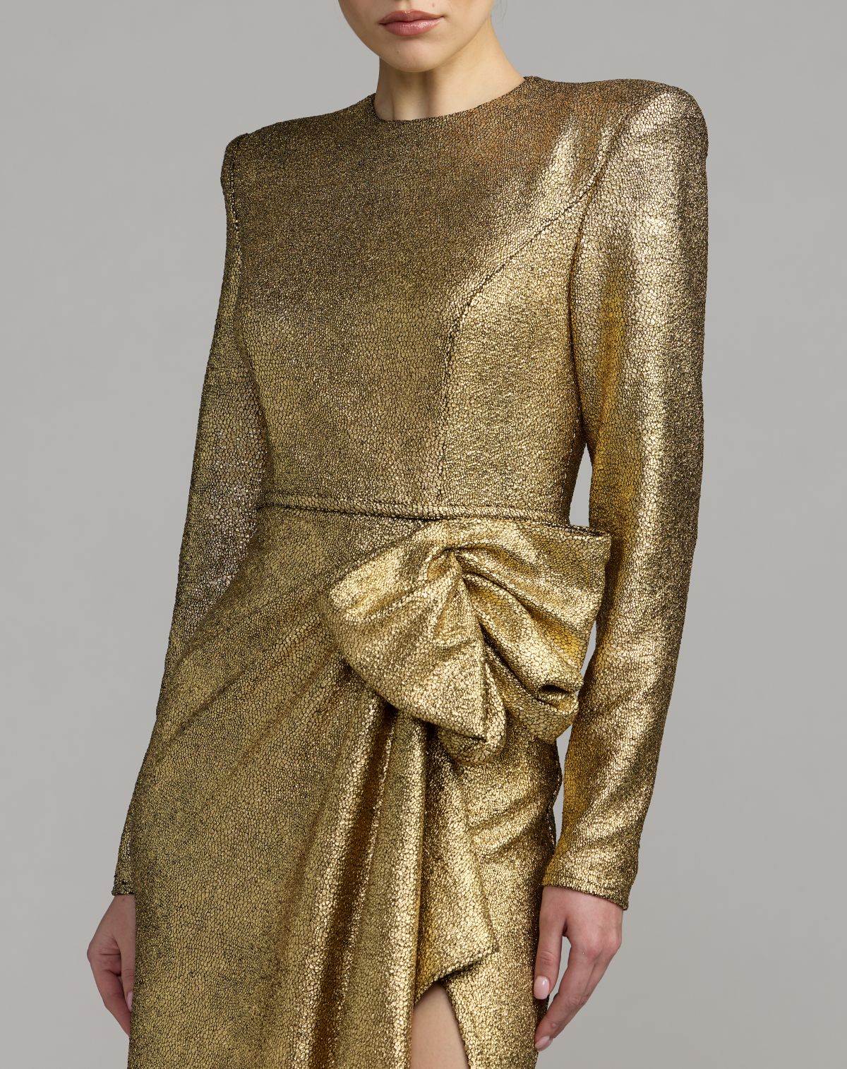 Gold Metallic Long Sleeve Structured Bow Draped Gown Ieena for Mac Duggal