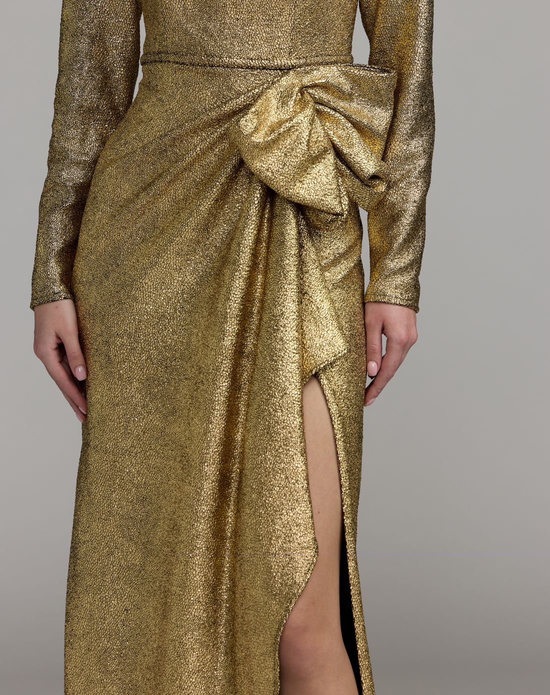 Gold Metallic Long Sleeve Structured Bow Draped Gown Ieena for Mac Duggal
