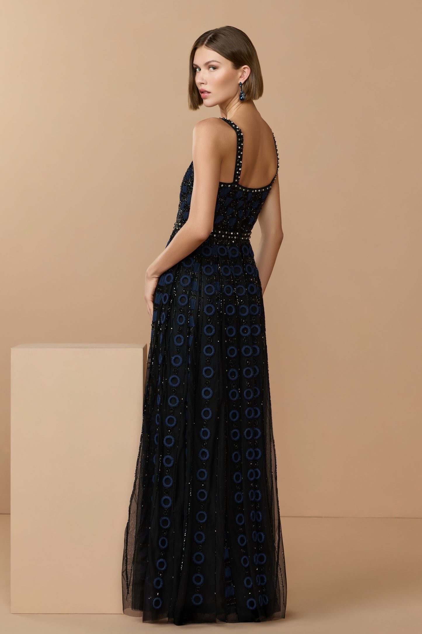 Black and Navy Sleeveless Embellished A-line Gown - Black Midnight,US 0