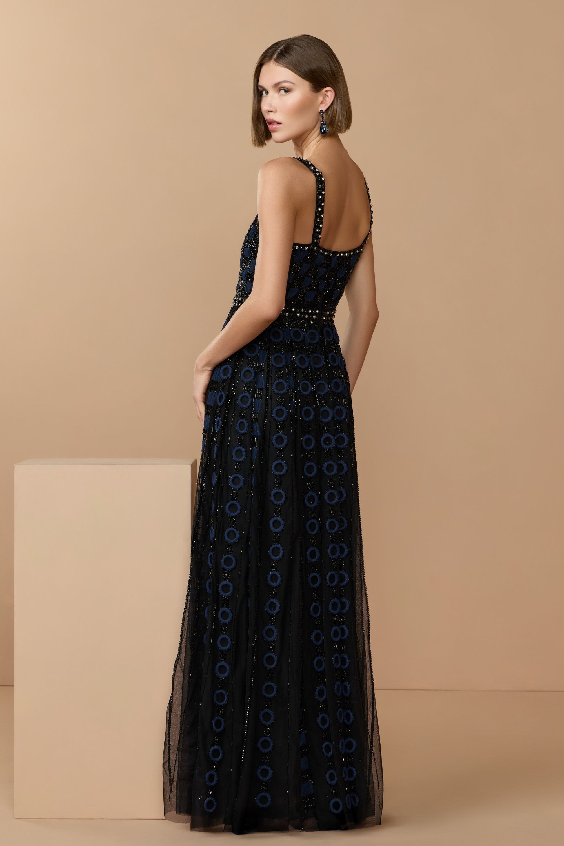 Black and Navy Sleeveless Embellished A-line Gown - Black Midnight,US 0