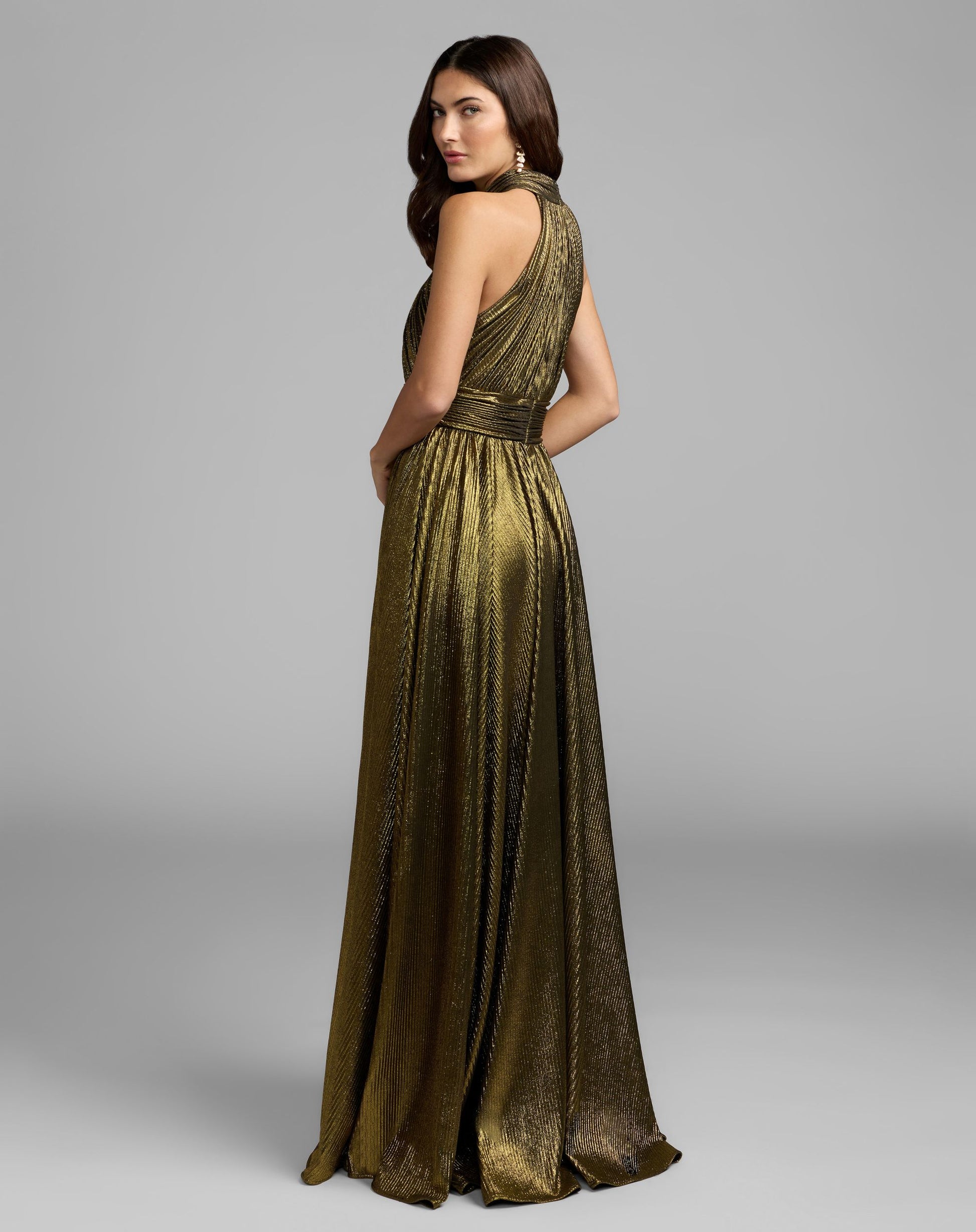 Gold Metallic Pleated Mock Neck Gown - Ieena for Mac Duggal