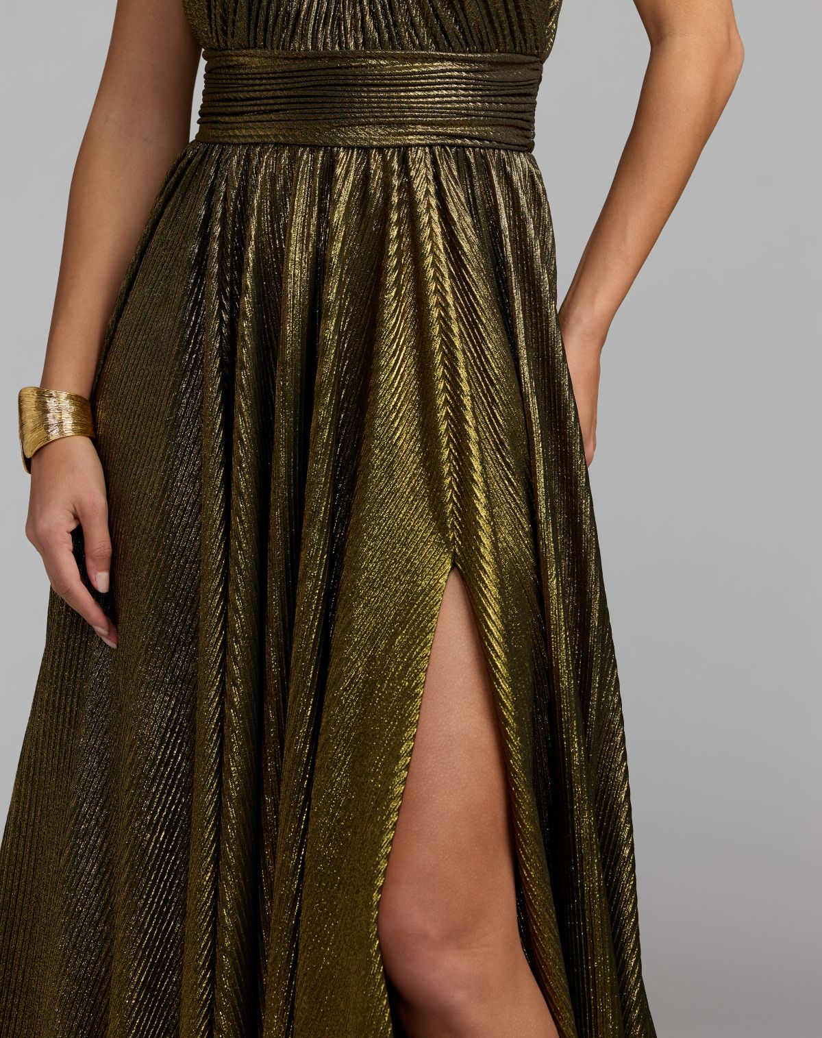 Gold Metallic Pleated Mock Neck Gown - Ieena for Mac Duggal