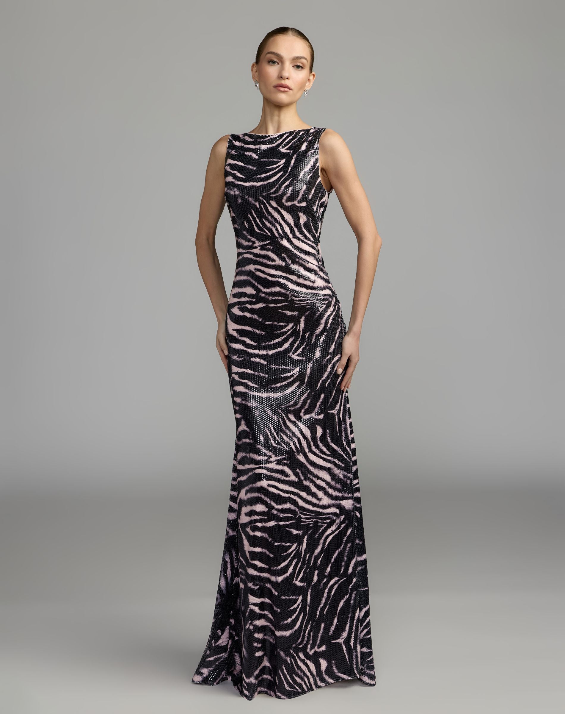 Black and Pink Tiger Print Sleeveless Cowl Back Sequin Gown - Ieena for Mac Duggal