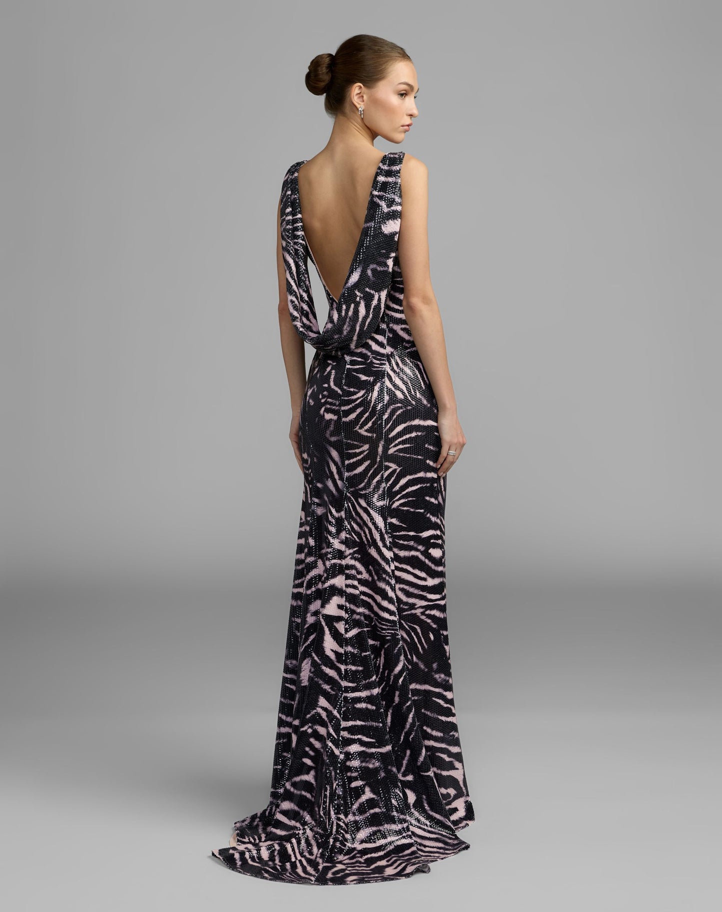 Black and Pink Tiger Print Sleeveless Cowl Back Sequin Gown - Ieena for Mac Duggal