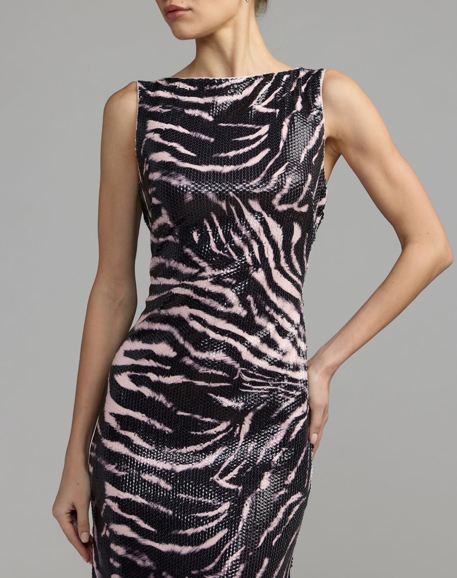 Black and Pink Tiger Print Sleeveless Cowl Back Sequin Gown - Ieena for Mac Duggal