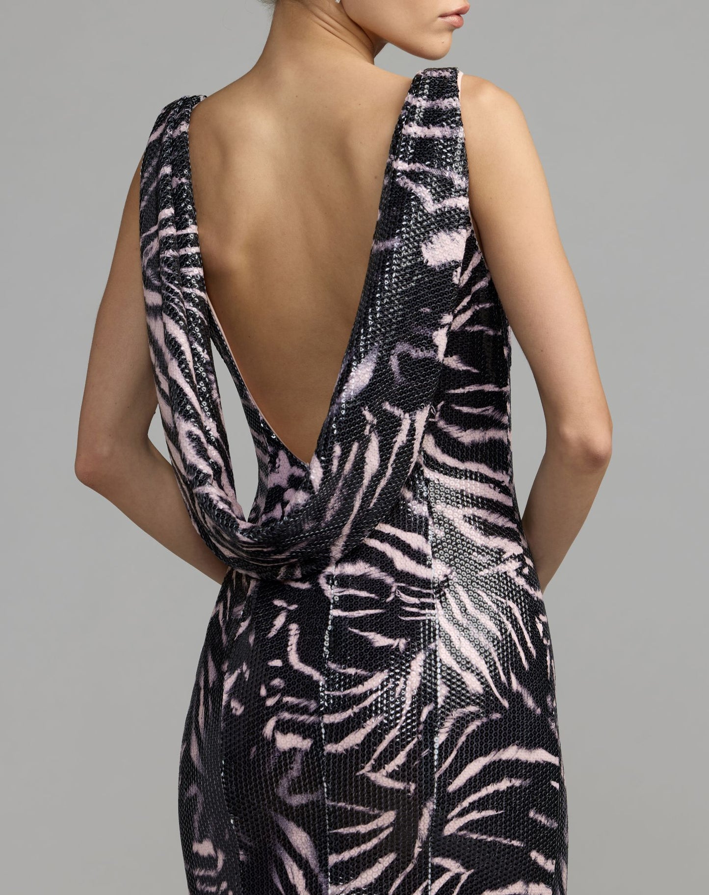 Black and Pink Tiger Print Sleeveless Cowl Back Sequin Gown - Ieena for Mac Duggal