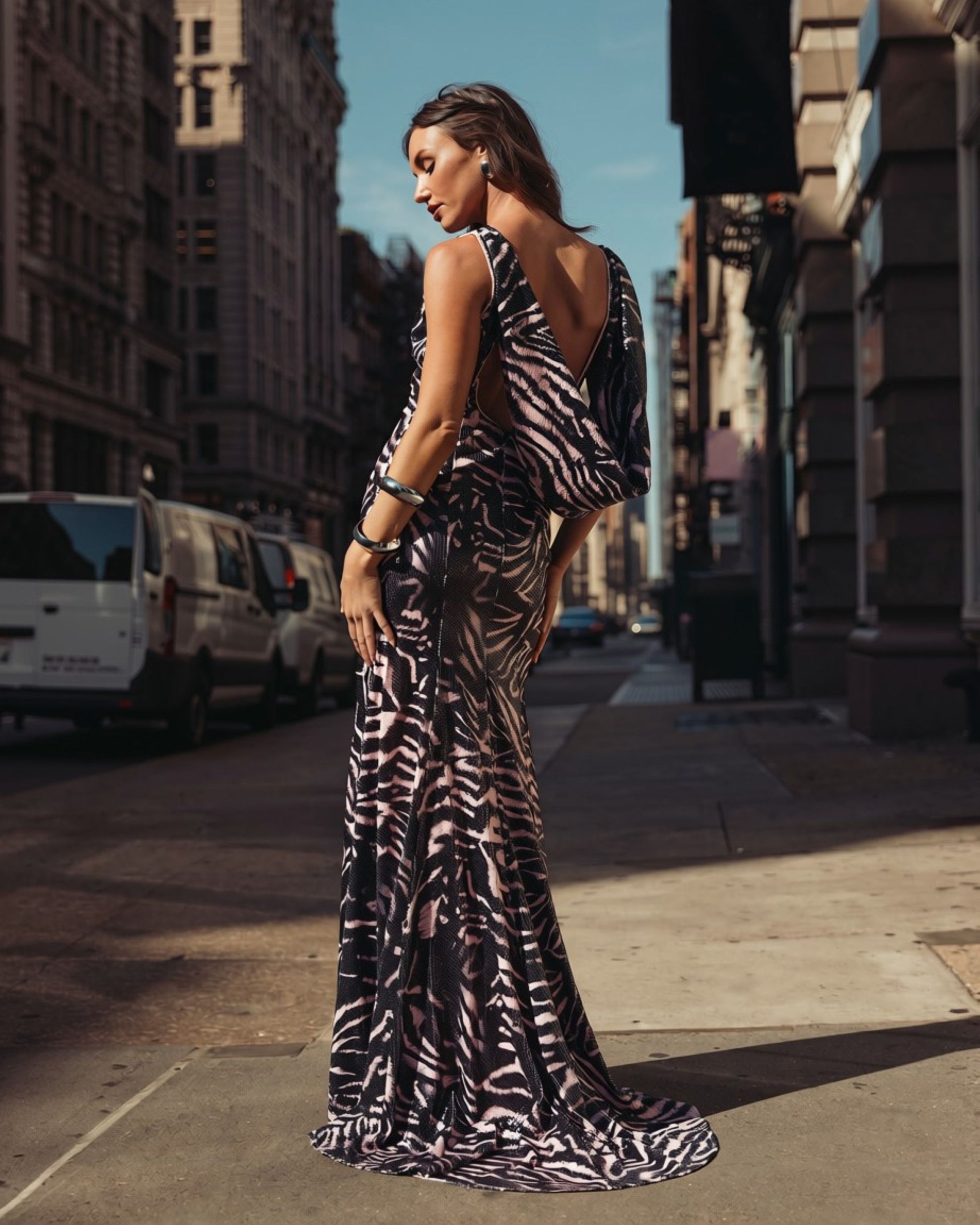 Black and Pink Tiger Print Sleeveless Cowl Back Sequin Gown - Ieena for Mac Duggal