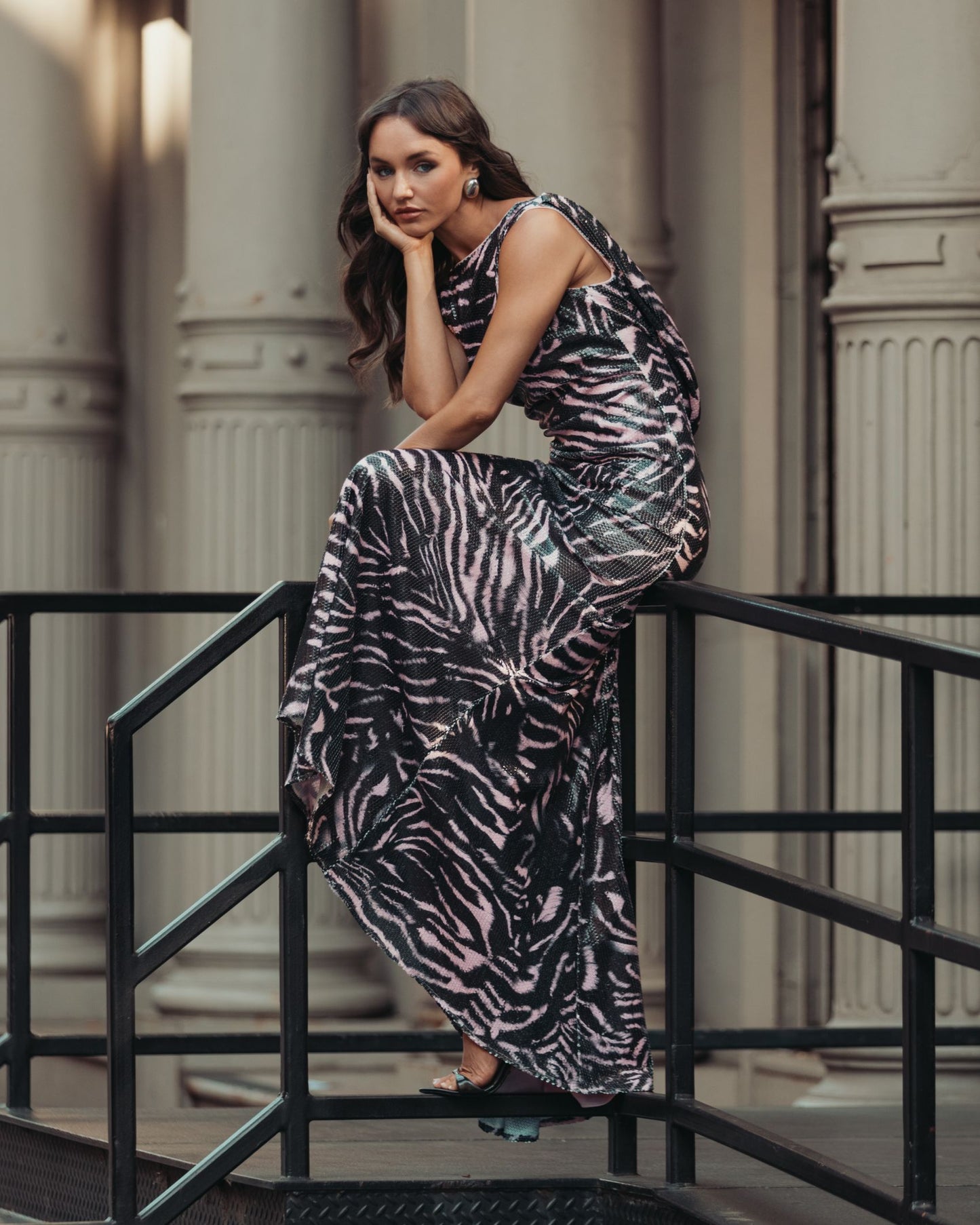 Black and Pink Tiger Print Sleeveless Cowl Back Sequin Gown - Ieena for Mac Duggal