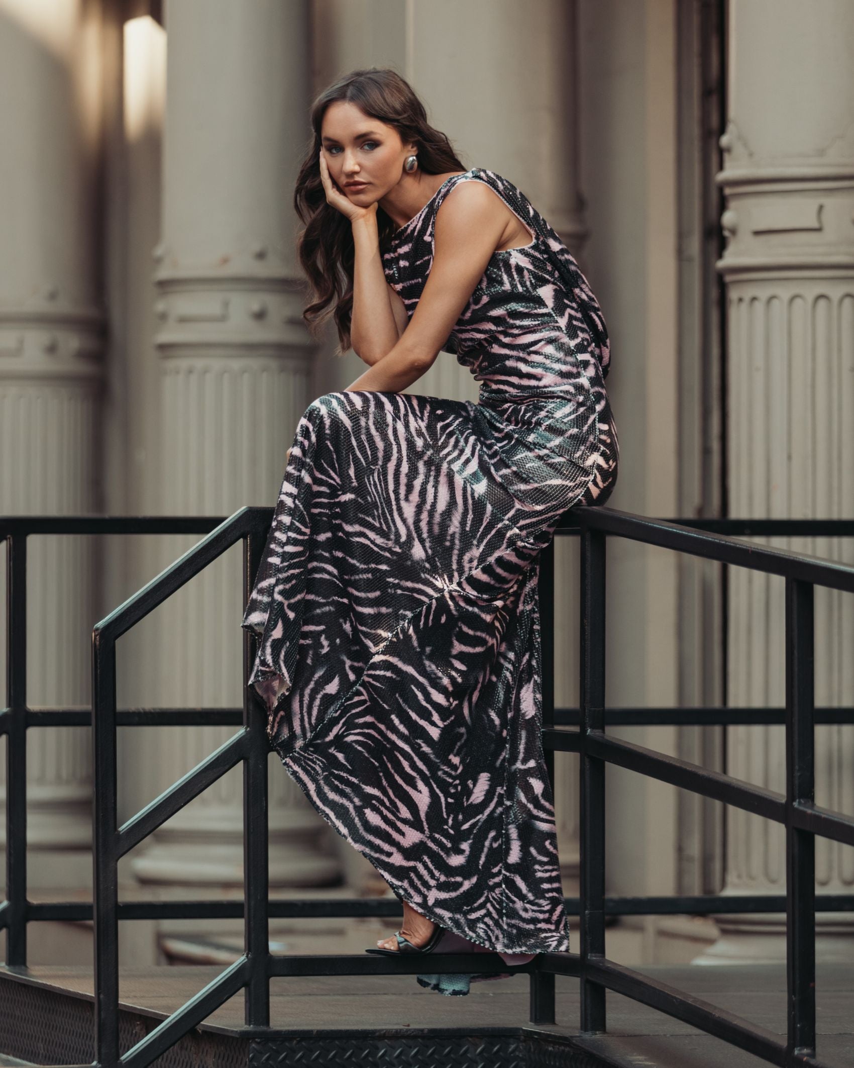 Black and Pink Tiger Print Sleeveless Cowl Back Sequin Gown - Ieena for Mac Duggal