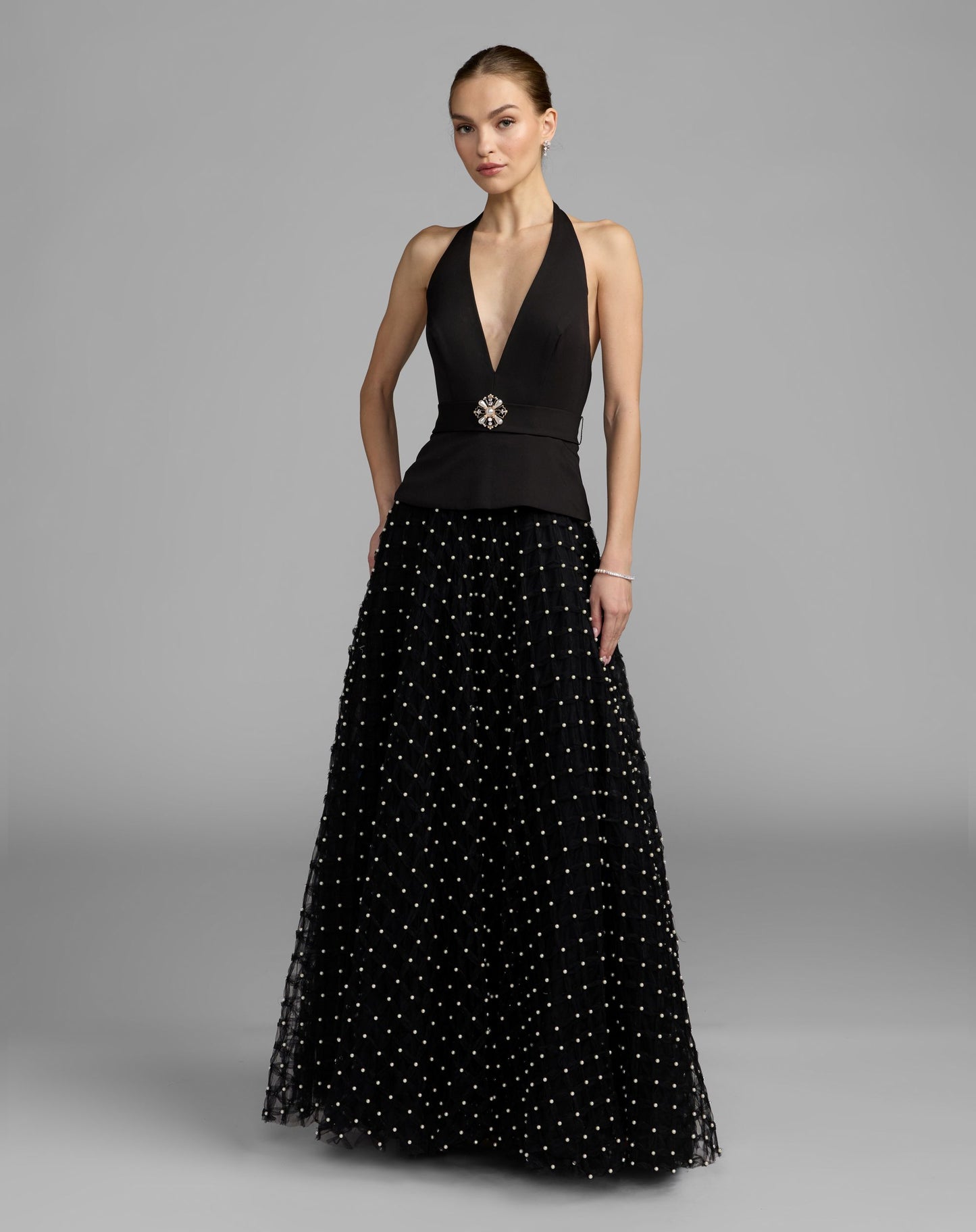Black Halter Neck Gown With Pearl Embellished Tulle Skirt - Mac Duggal
