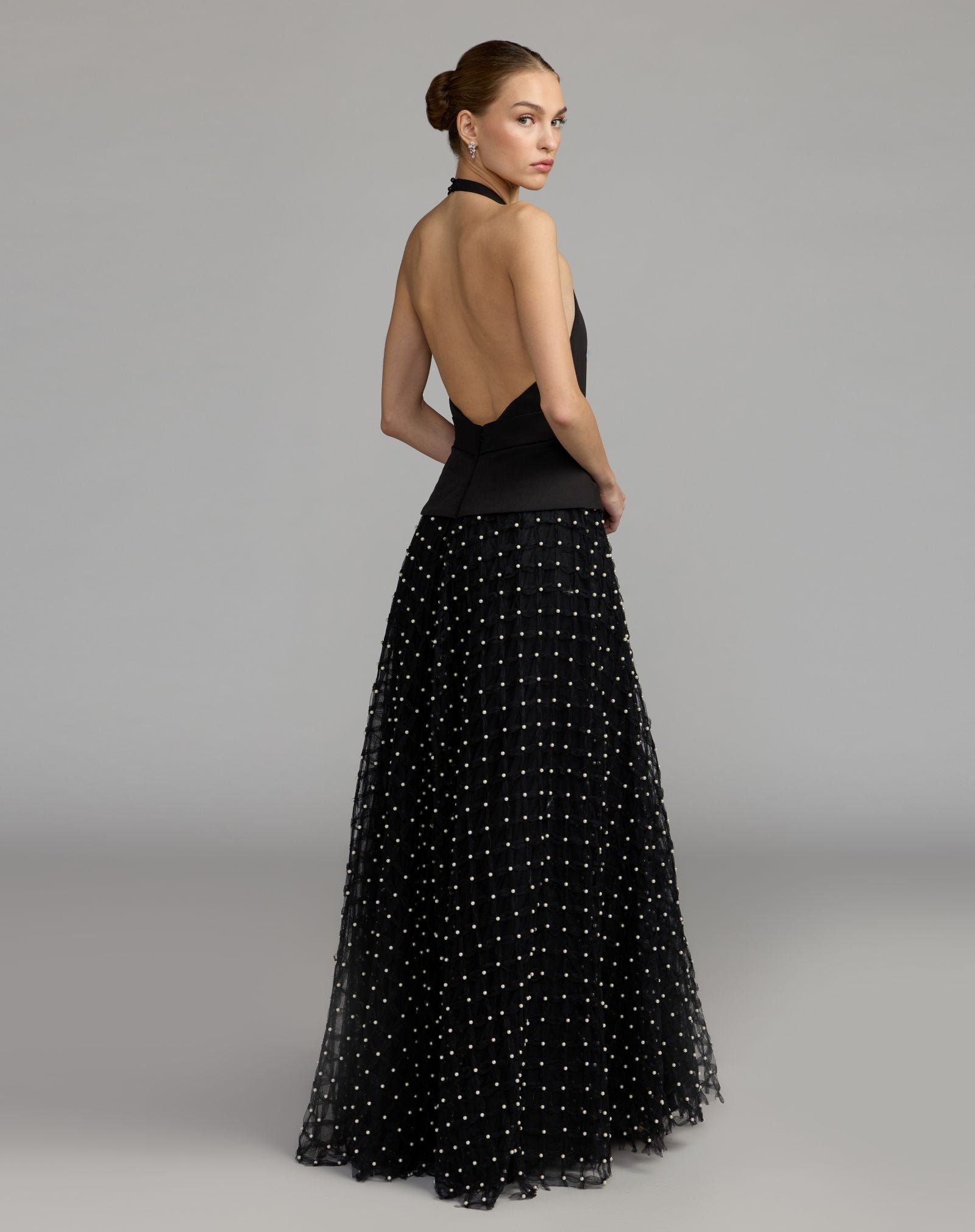 Black Halter Neck Gown With Pearl Embellished Tulle Skirt - Mac Duggal