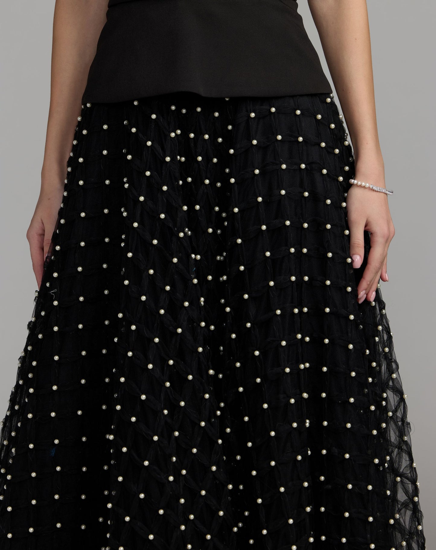Black Halter Neck Gown With Pearl Embellished Tulle Skirt - Mac Duggal