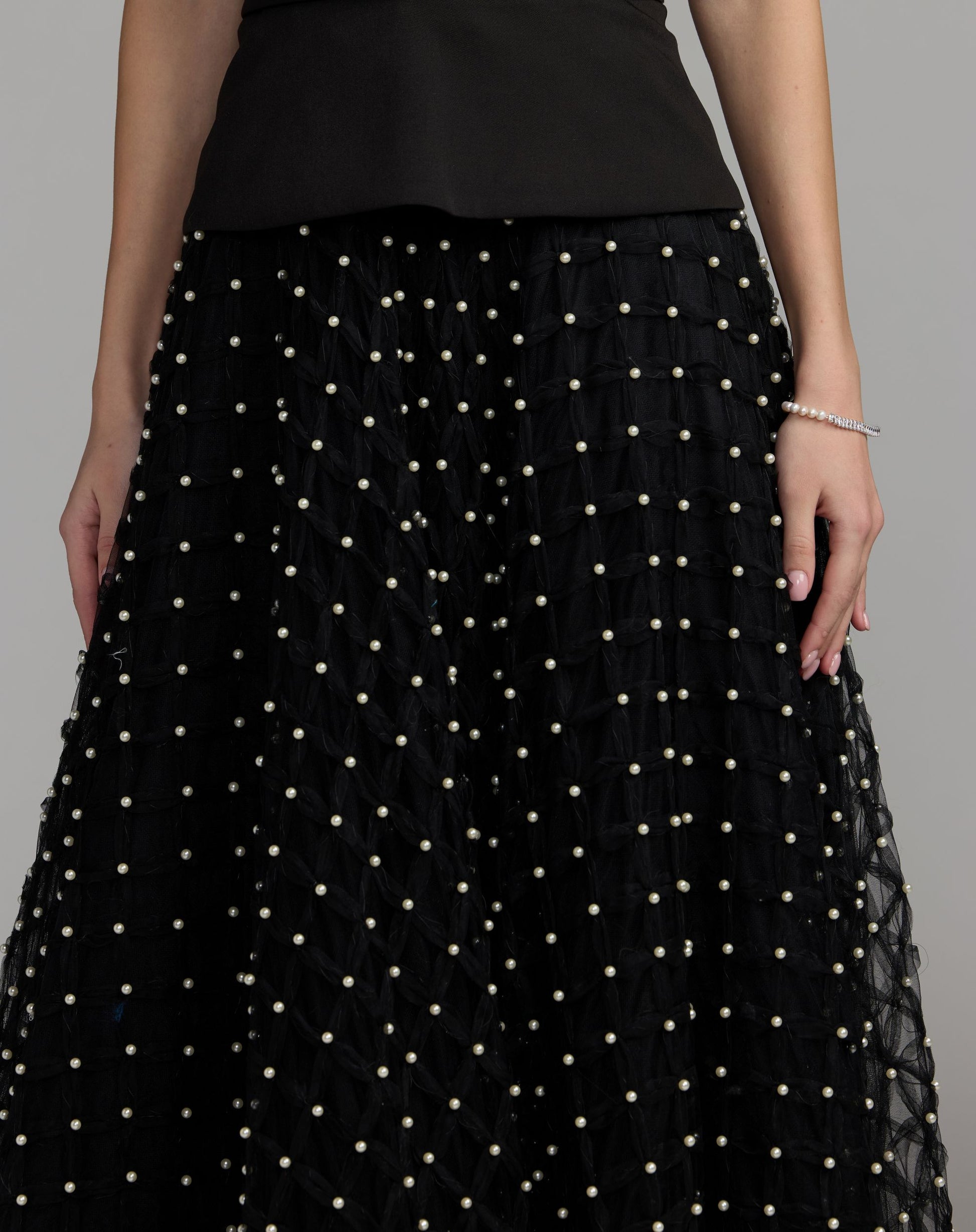 Black Halter Neck Gown With Pearl Embellished Tulle Skirt - Mac Duggal