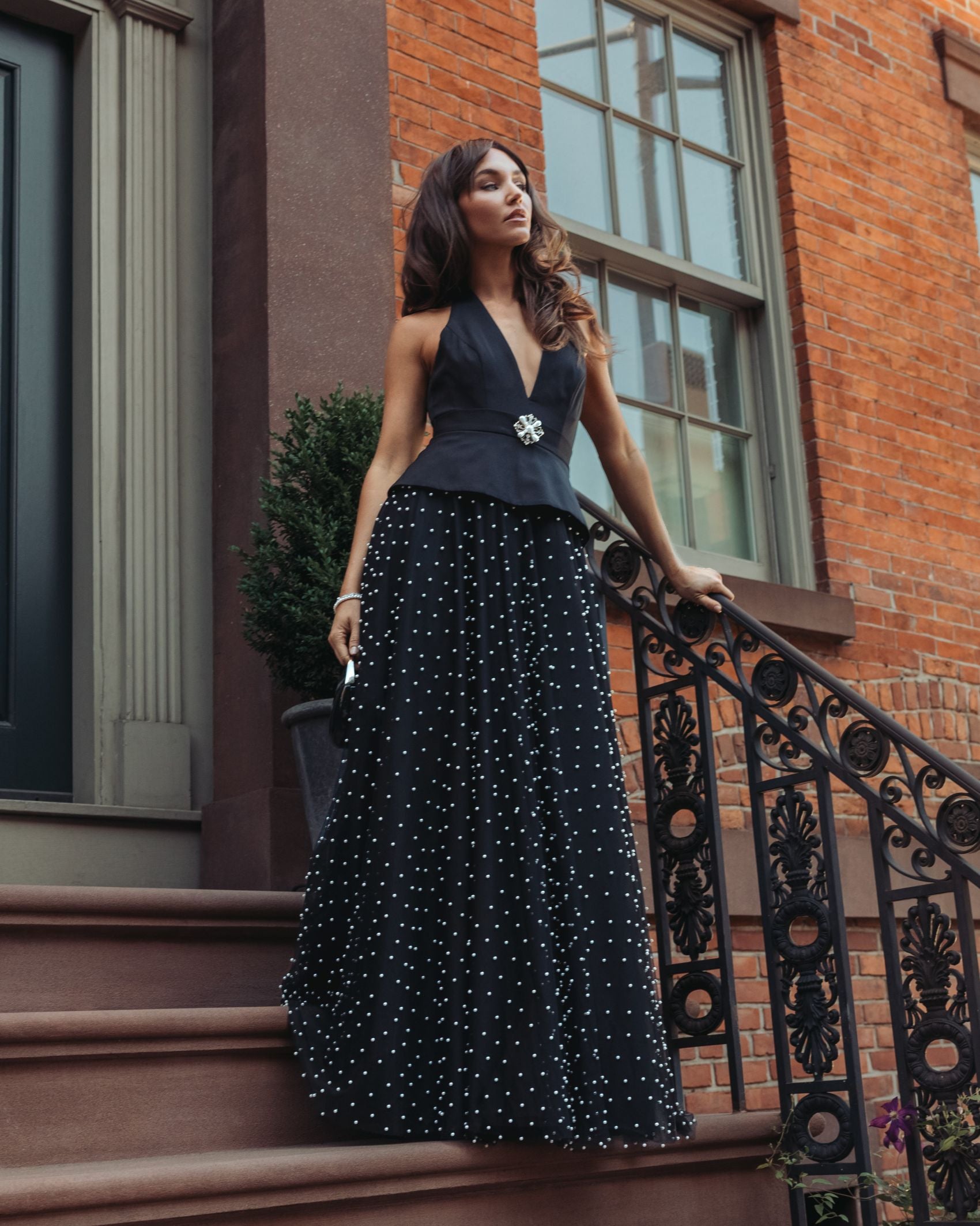 Black Halter Neck Gown With Pearl Embellished Tulle Skirt - Mac Duggal