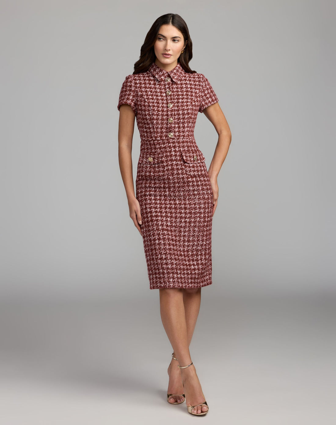 Red Houndstooth Boucle Collared Midi Dress - Ieena for Mac Duggal