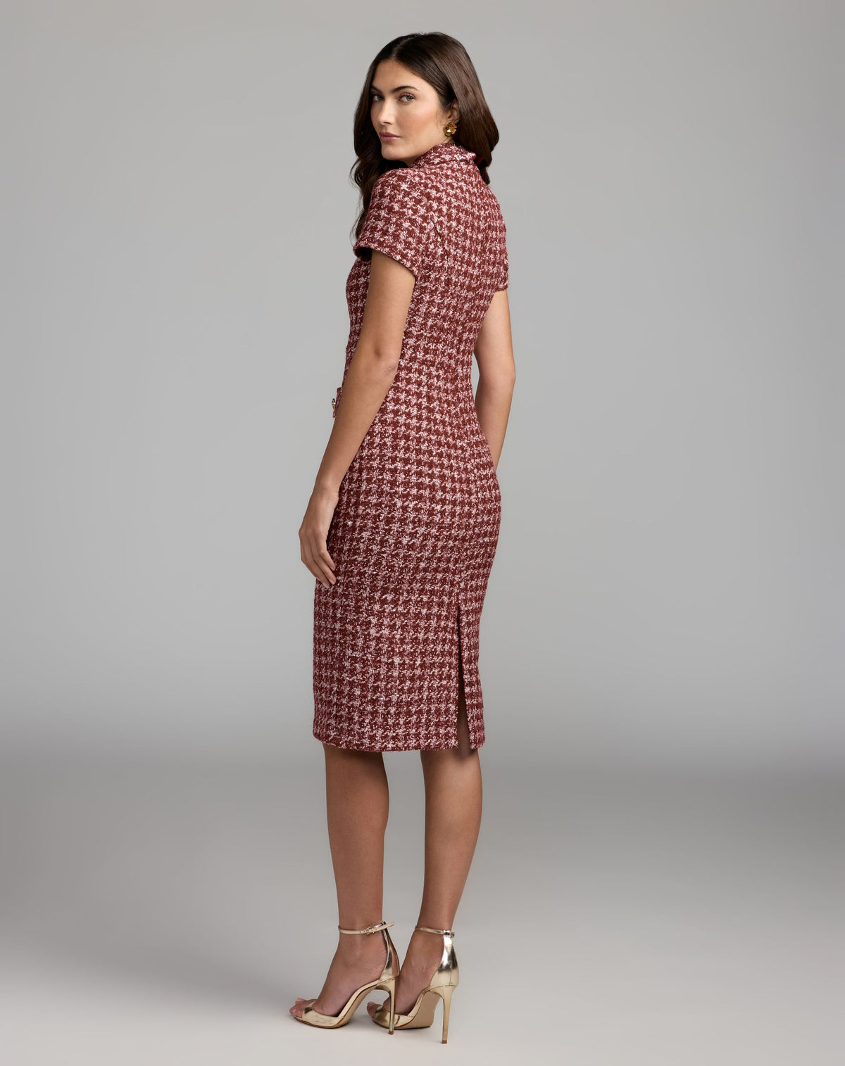 Red Houndstooth Boucle Collared Midi Dress - Ieena for Mac Duggal
