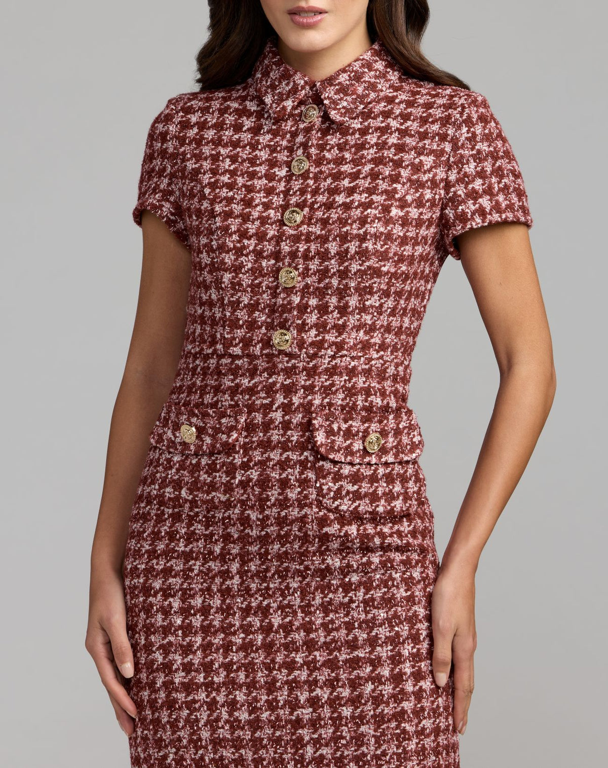 Red Houndstooth Boucle Collared Midi Dress - Ieena for Mac Duggal