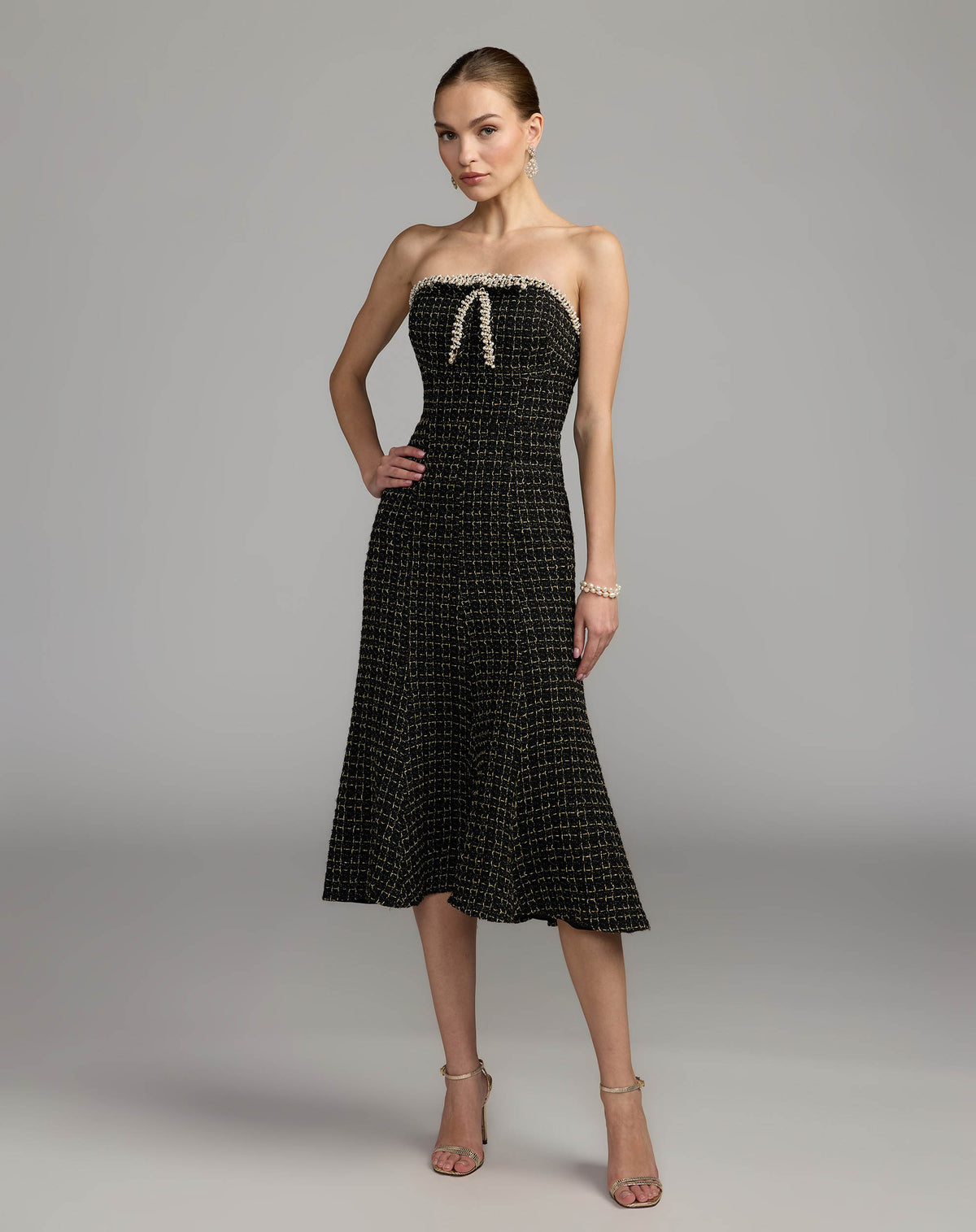 Black Pearl Trim Bouclé Midi Dress Mac Duggal
