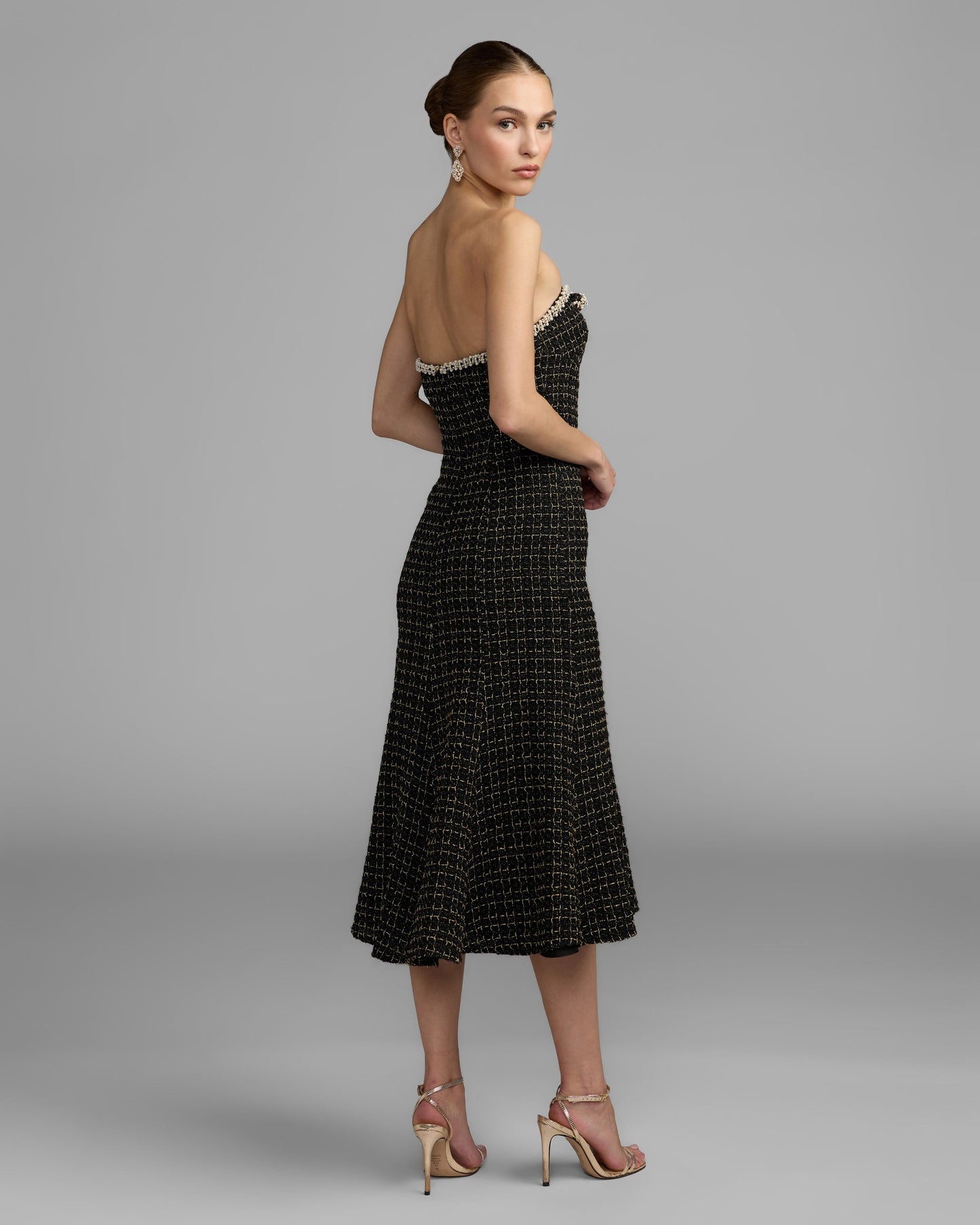 Black Pearl Trim Bouclé Midi Dress Mac Duggal