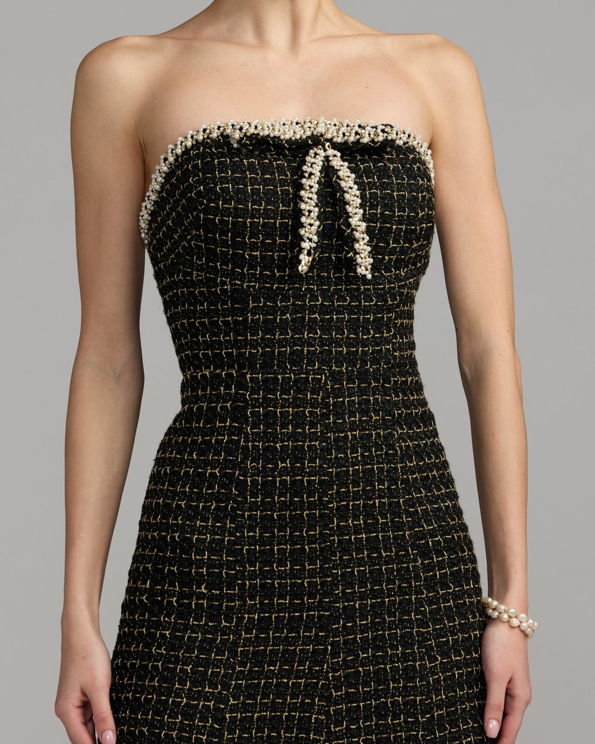 Black Pearl Trim Bouclé Midi Dress Mac Duggal