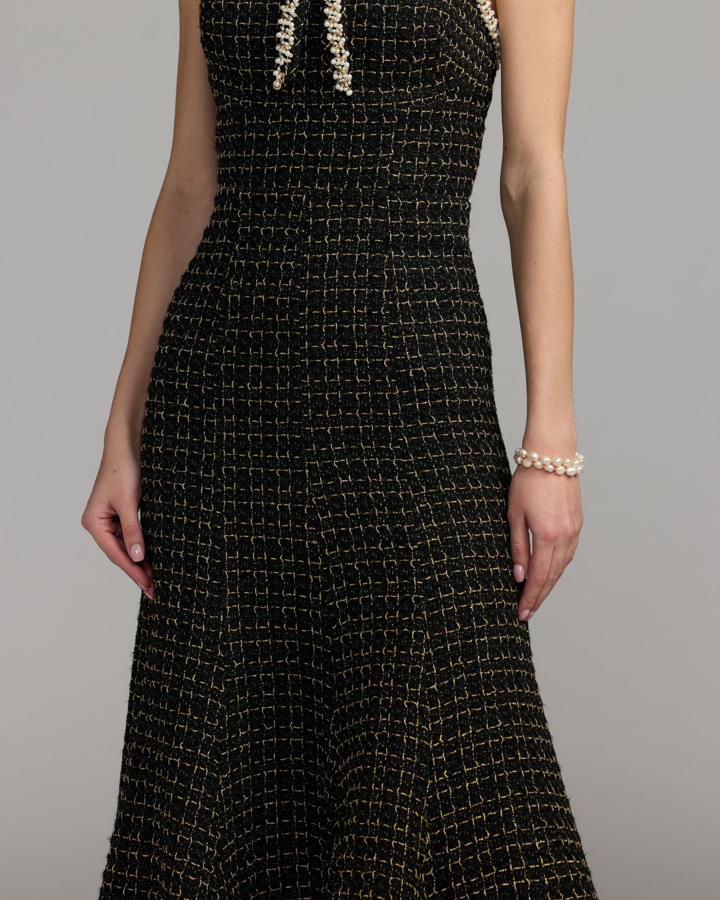 Black Pearl Trim Bouclé Midi Dress Mac Duggal