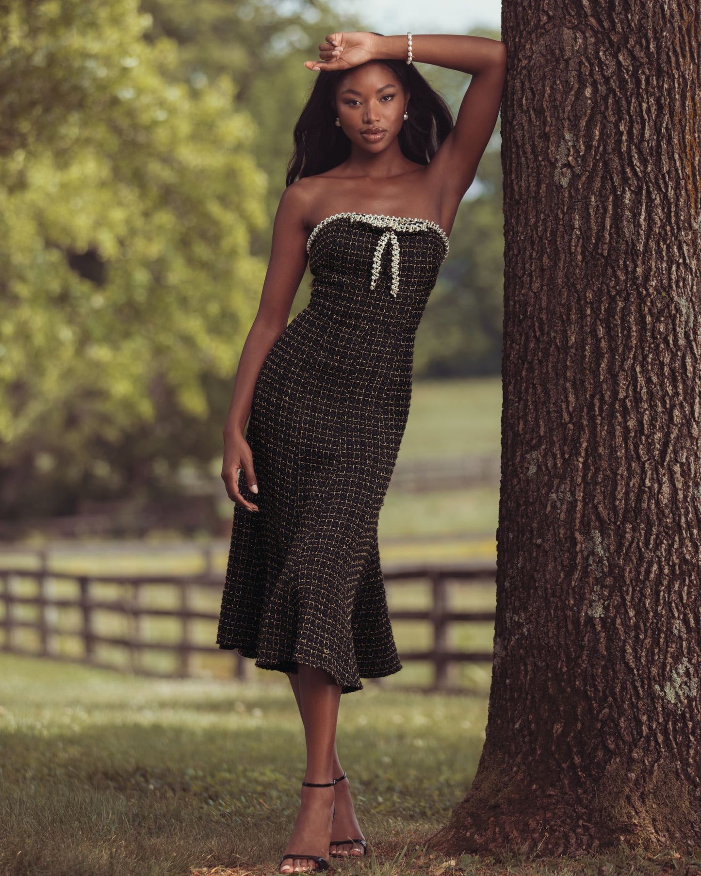Black Pearl Trim Bouclé Midi Dress Mac Duggal