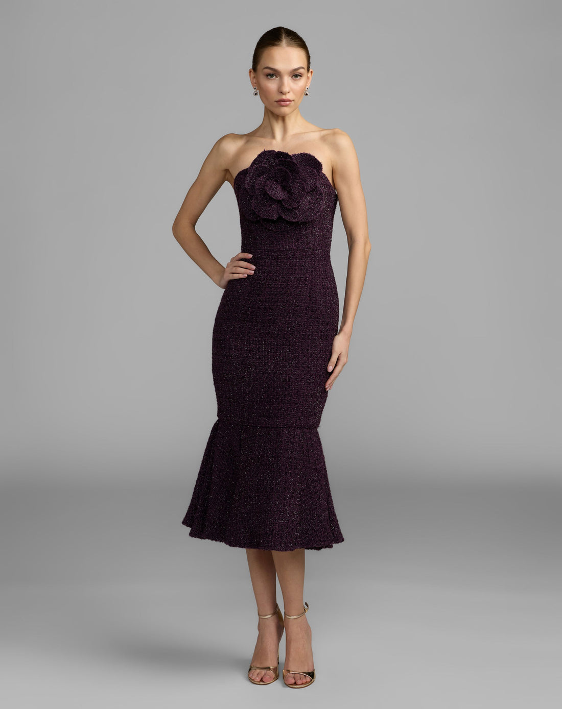Purple Boucle Strapless Midi Dress With 3D Flower - Ieena for Mac Duggal