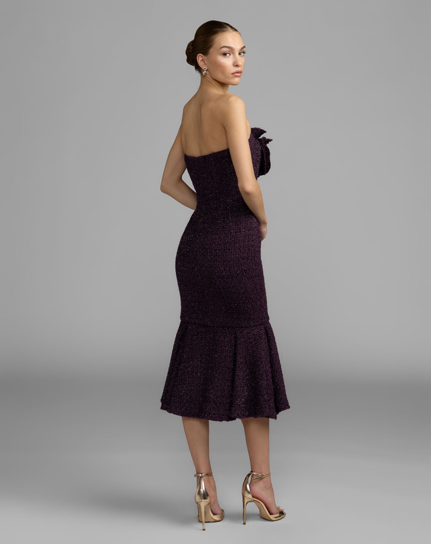 Purple Boucle Strapless Midi Dress With 3D Flower - Ieena for Mac Duggal
