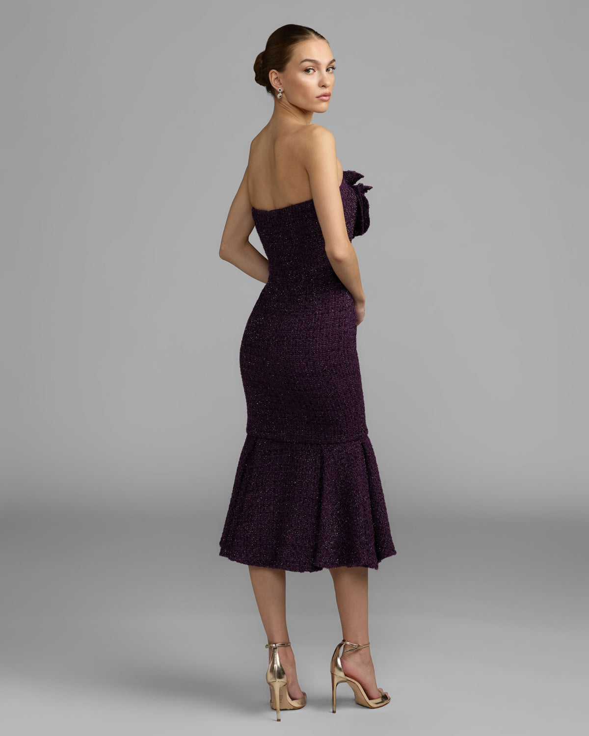 Purple Boucle Strapless Midi Dress With 3D Flower - Ieena for Mac Duggal