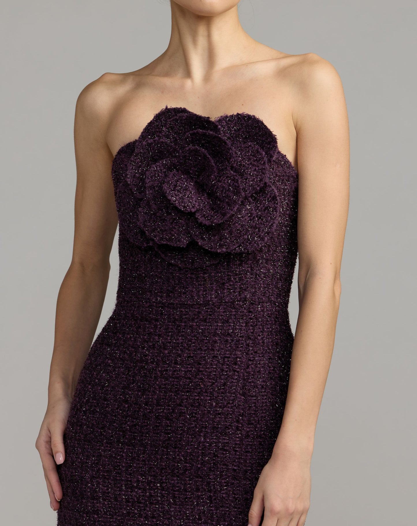 Purple Boucle Strapless Midi Dress With 3D Flower - Ieena for Mac Duggal