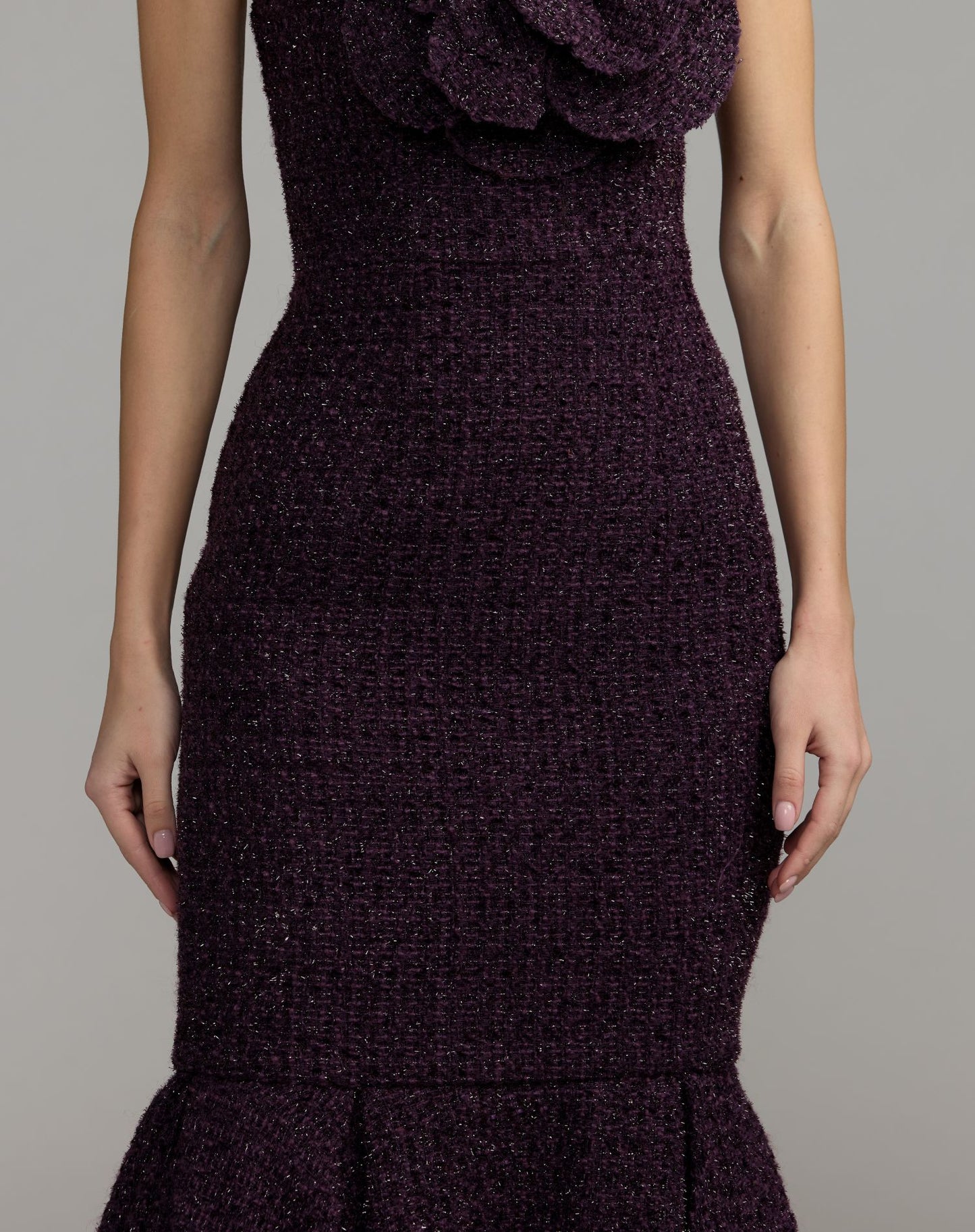 Purple Boucle Strapless Midi Dress With 3D Flower - Ieena for Mac Duggal