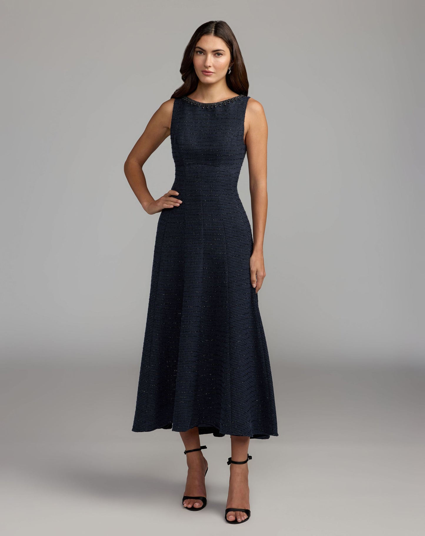 Navy Sleeveless A-Line Boucle Midi Dress - Mac Duggal